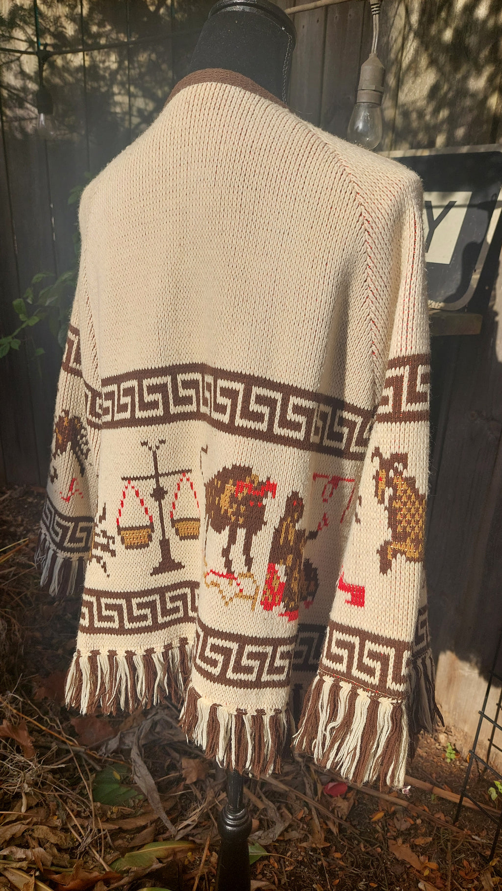 1970s Carol Brent Zodiac Astrology Montgomery Ward Acrylic Knit Fringe Cape Boho Poncho Sweater