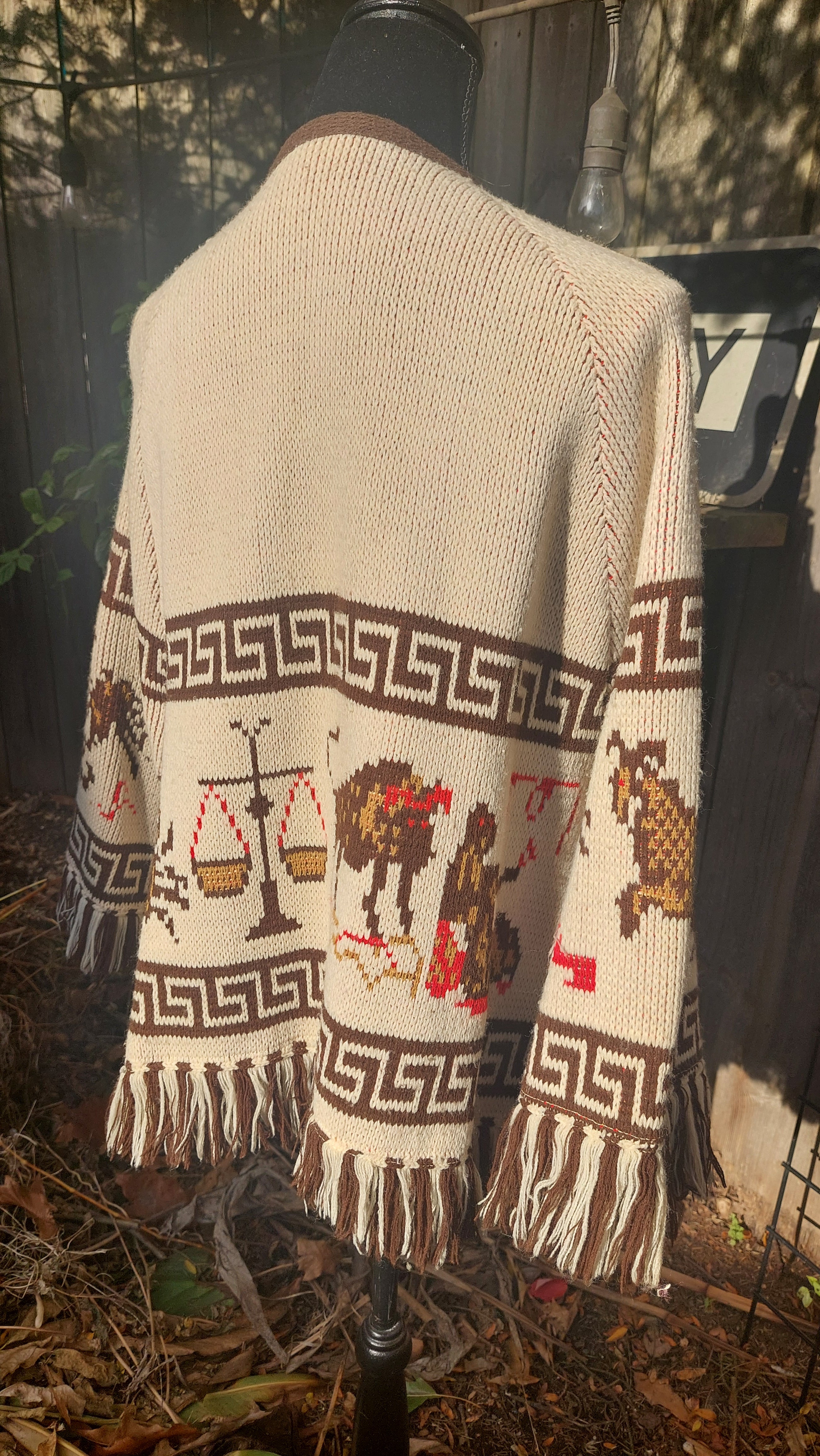 1970s Carol Brent Zodiac Astrology Montgomery Ward Acrylic Knit Fringe Cape Boho Poncho Sweater