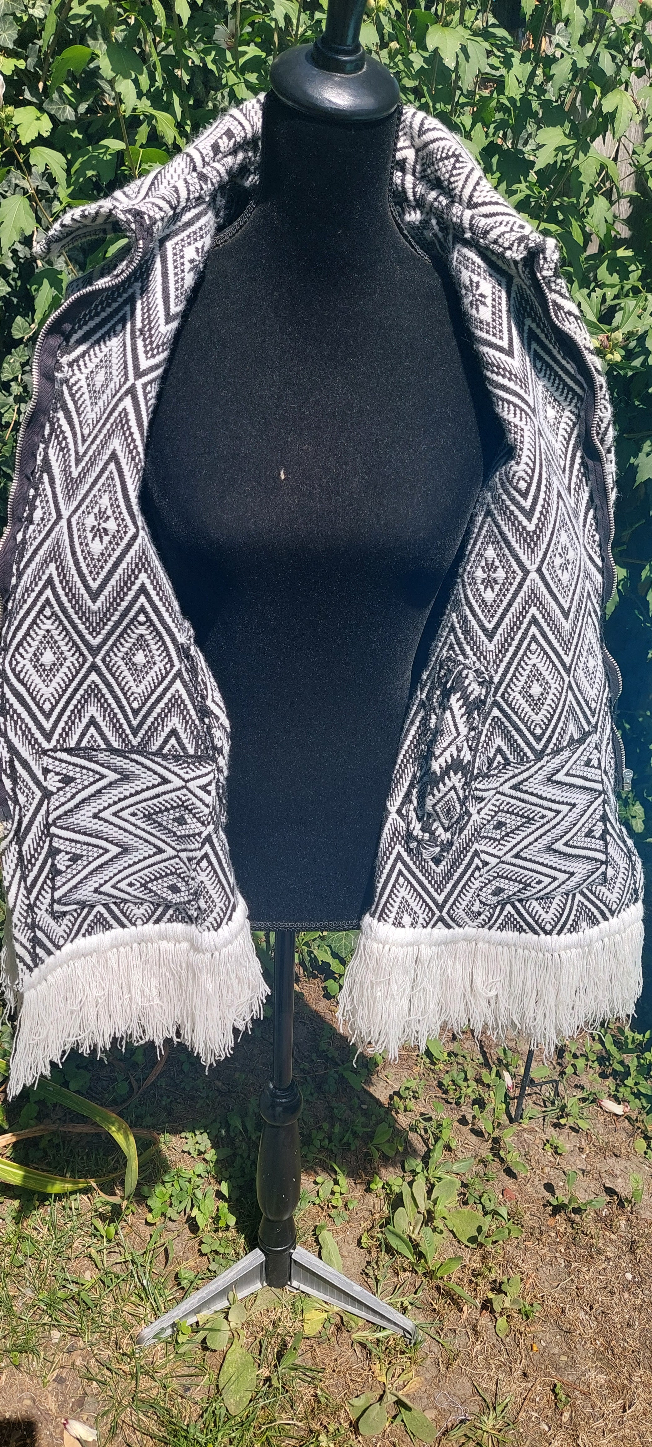 1970s Guatemalan Cotton Poncho: Black & White Boho Woven Bamboo
