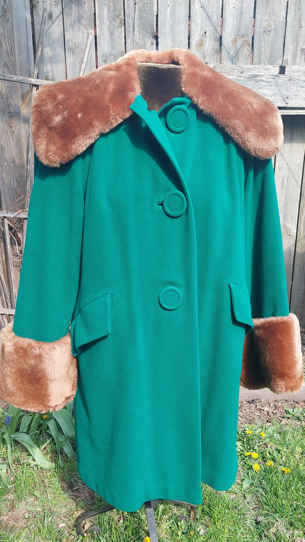 Vintage Mid-Century Emerald Green Wool Swing Coat with Brown Faux Fur Collar