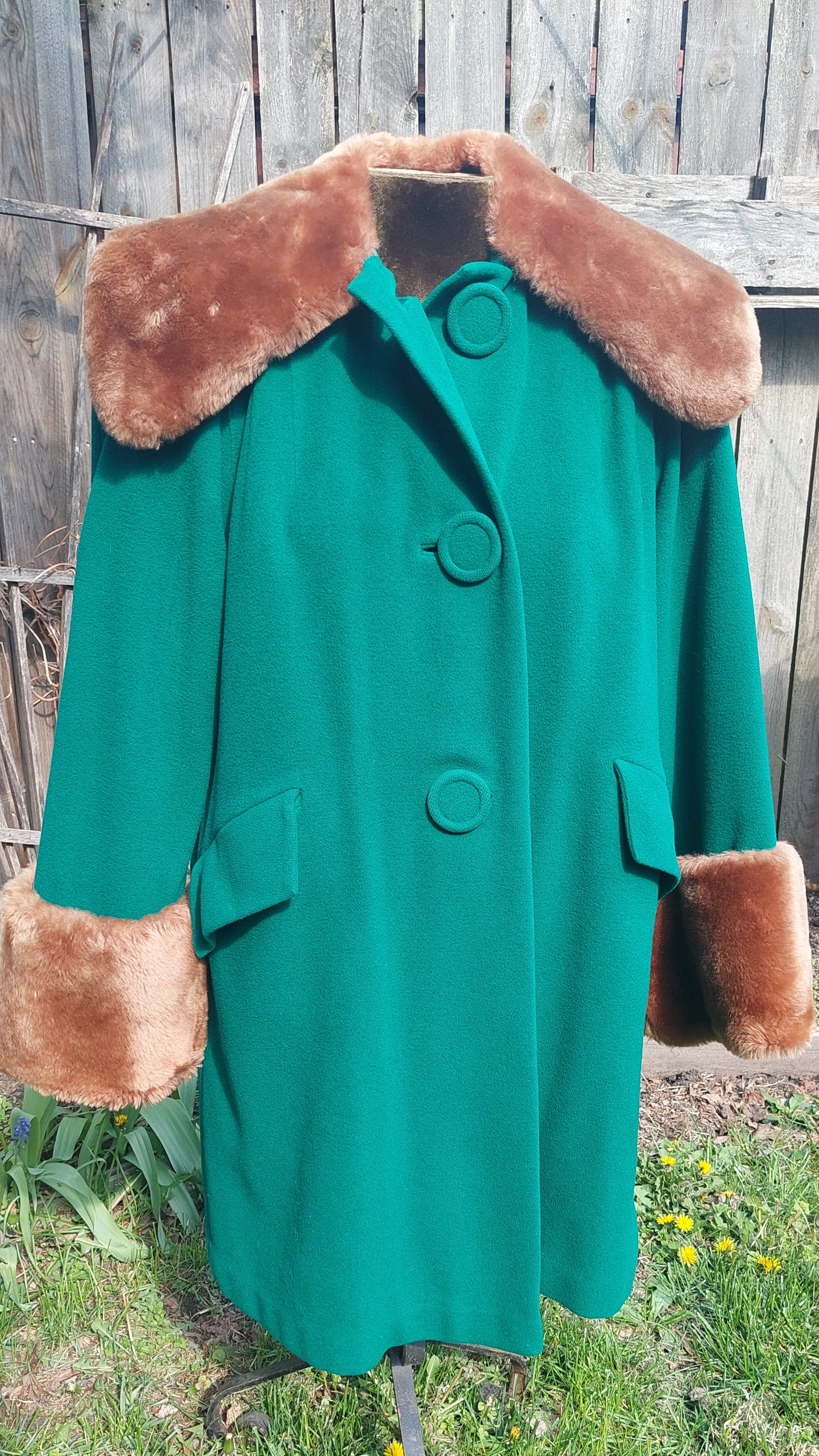 Vintage Mid-Century Emerald Green Wool Swing Coat with Brown Faux Fur Collar