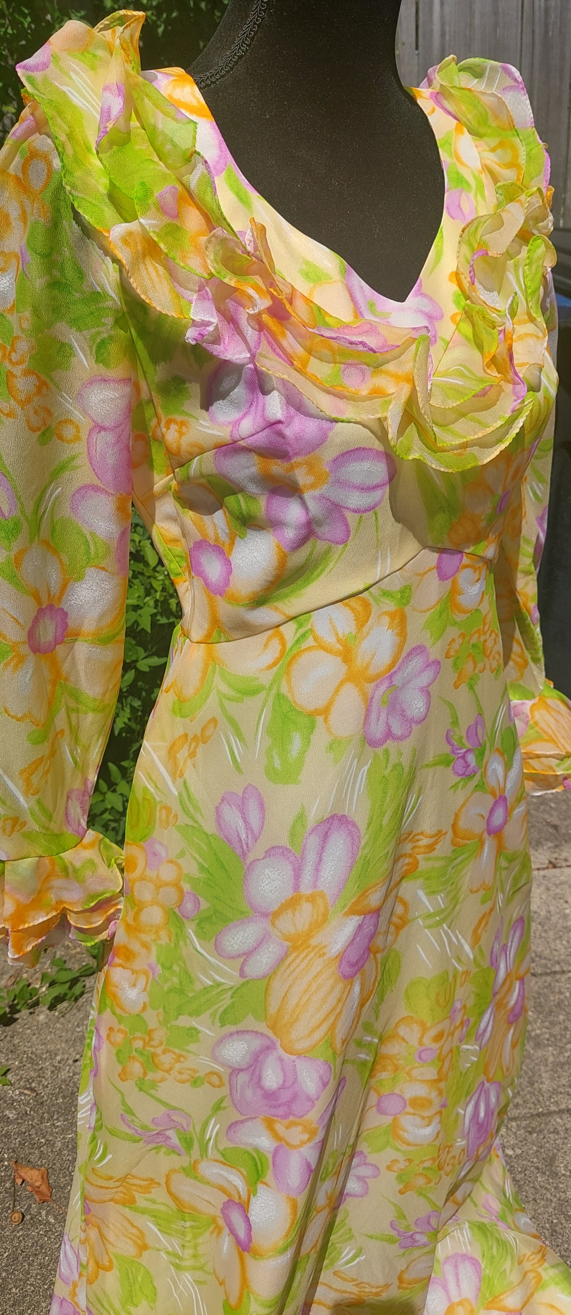 1960s Nylon Custom Made Ruffled Flower Power Floral Lined Maxi Dress