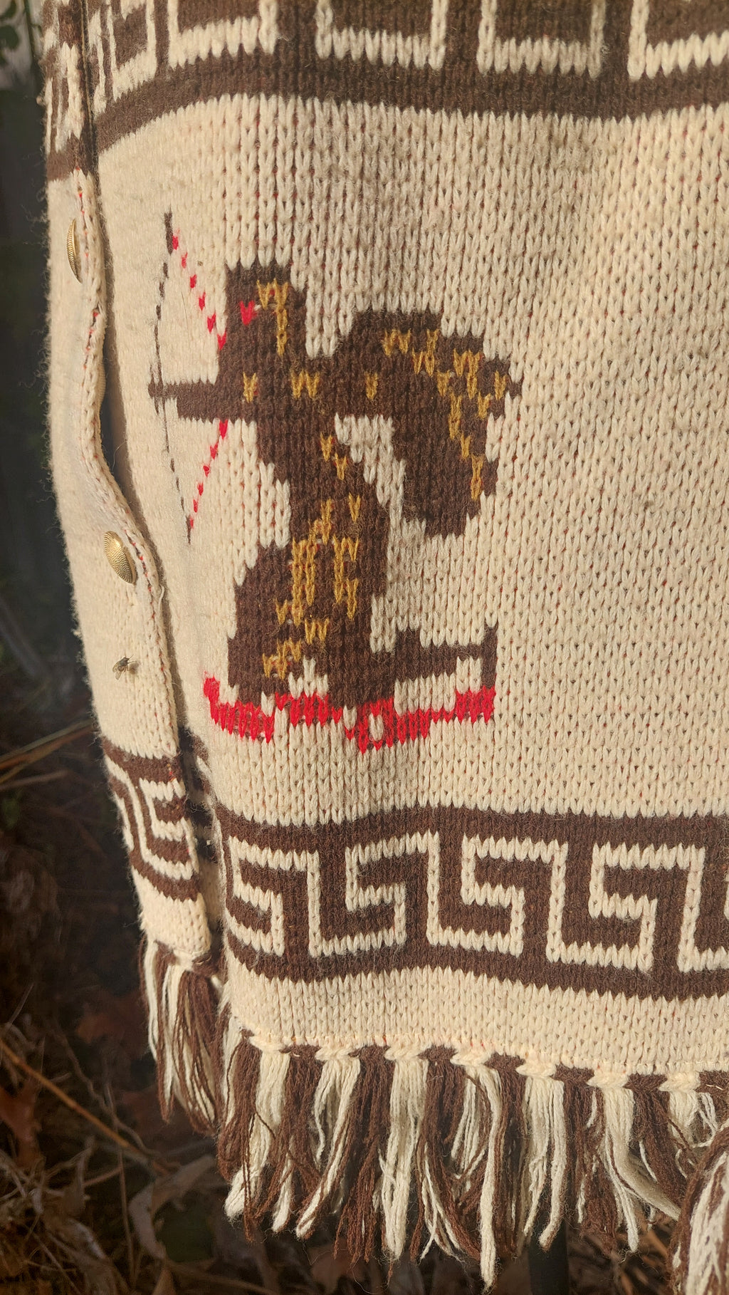 1970s Carol Brent Zodiac Astrology Montgomery Ward Acrylic Knit Fringe Cape Boho Poncho Sweater