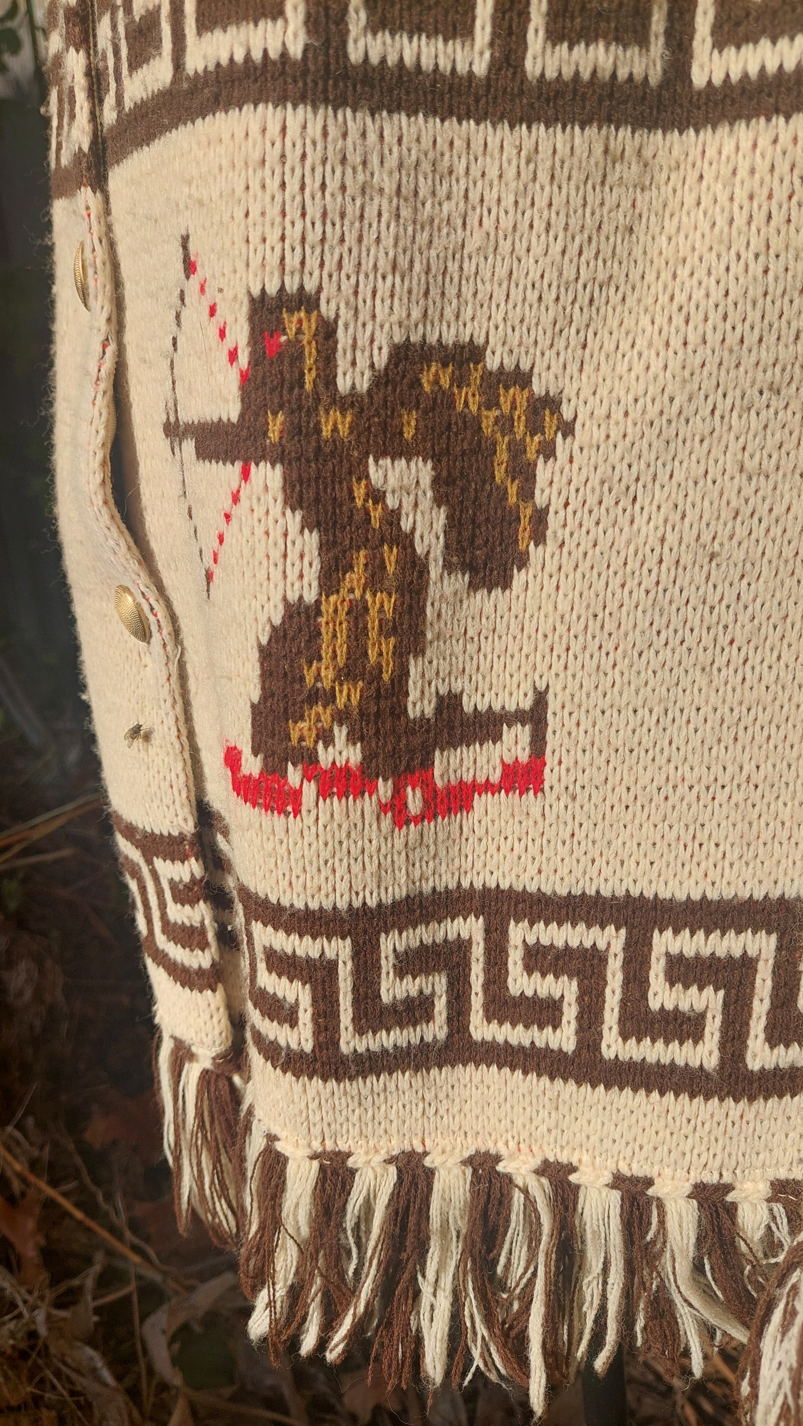 1970s Carol Brent Zodiac Astrology Montgomery Ward Acrylic Knit Fringe Cape Boho Poncho Sweater