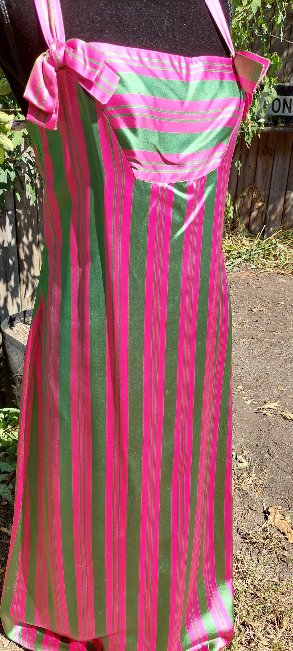 1960s Rappi Satin Watermelon Striped 2-Piece Sleeveless Maxi Gown & Coat