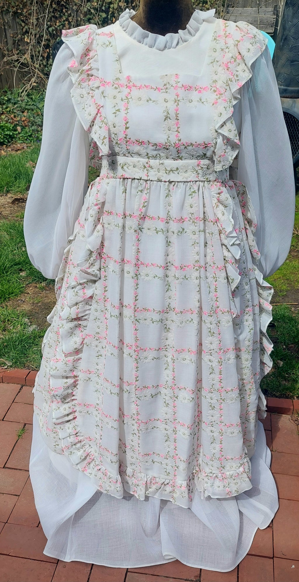 1970s Emma Domb Prairie Dress  2-Piece Boho Maxi Gown with Ruffled Pinafore