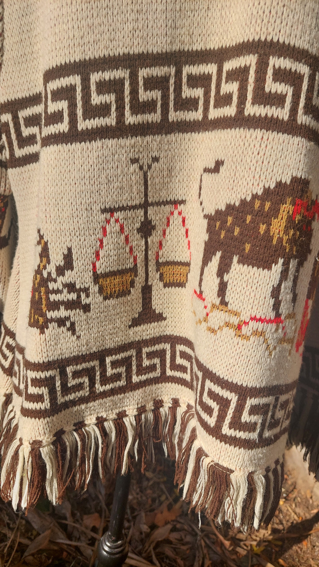 1970s Carol Brent Zodiac Astrology Montgomery Ward Acrylic Knit Fringe Cape Boho Poncho Sweater