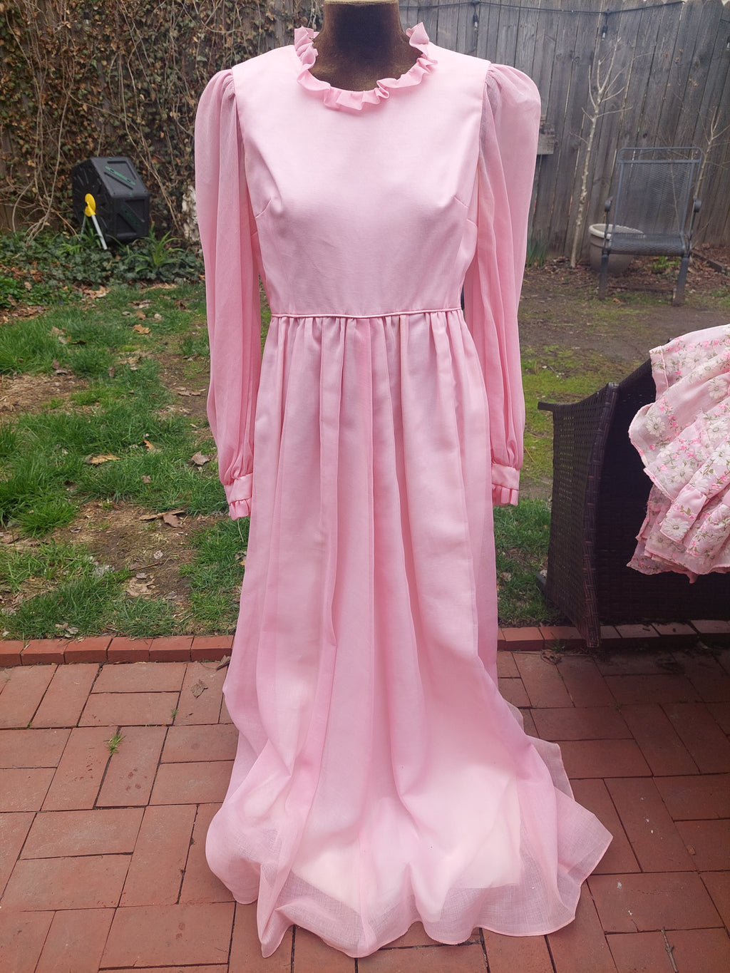 1970s Emma Domb Prairie Dress:2-Piece Pink Boho Maxi Gown with Ruffled Pinafore