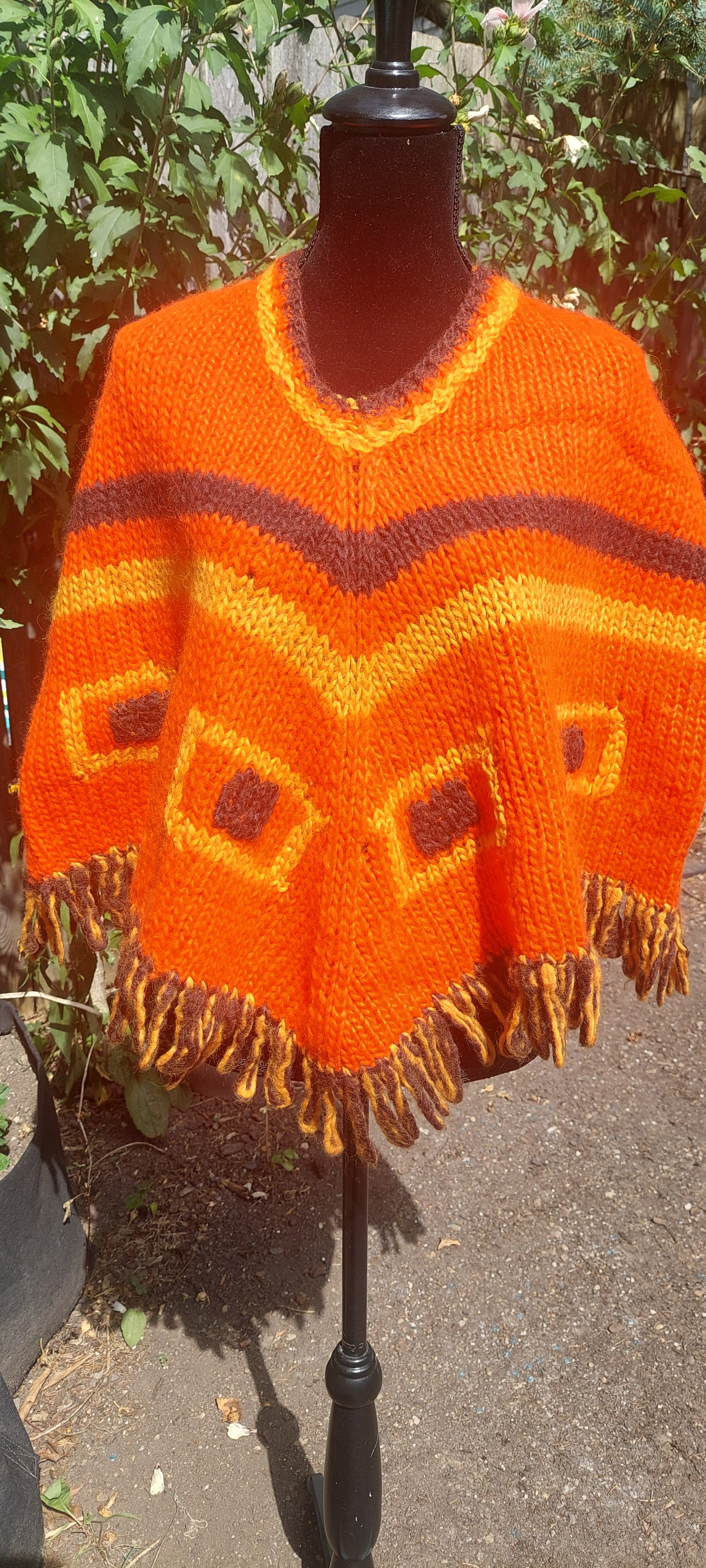 Vintage 1960s Wool Made in Italy Orange Fringed Poncho Cape Boho Outerwear