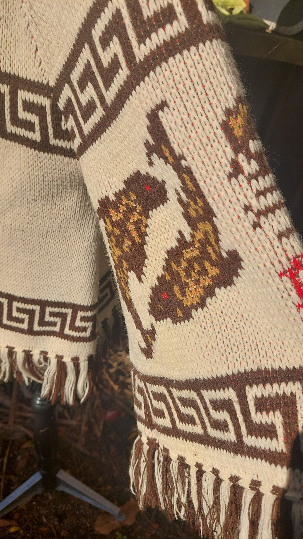 1970s Carol Brent Zodiac Astrology Montgomery Ward Acrylic Knit Fringe Cape Boho Poncho Sweater