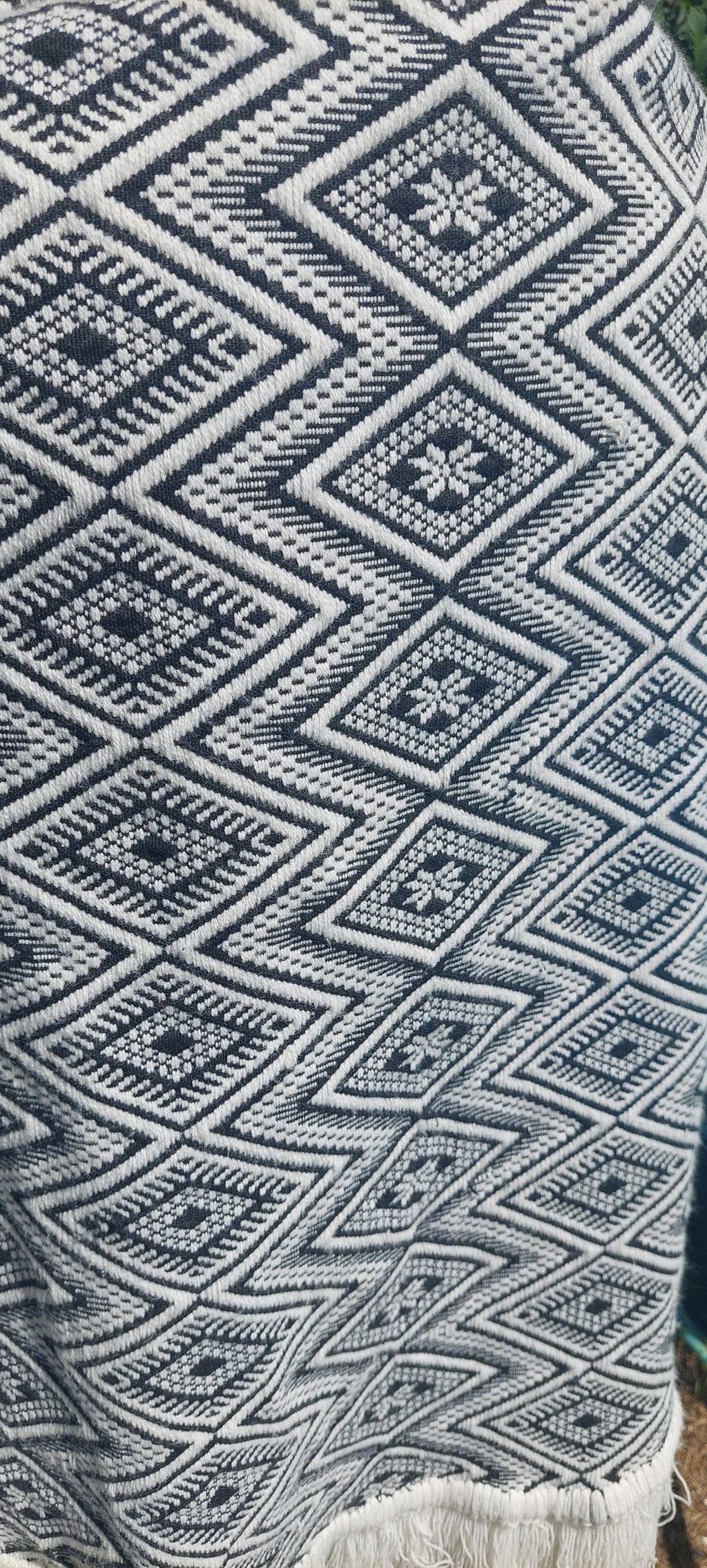 1970s Guatemalan Cotton Poncho: Black & White Boho Woven Bamboo