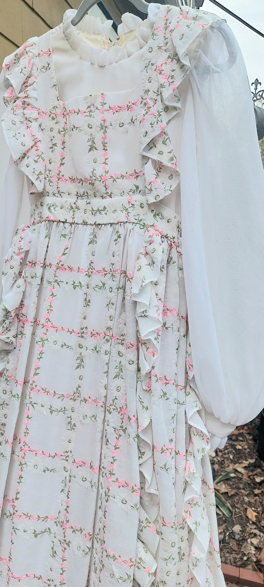 1970s Emma Domb Prairie Dress  2-Piece Boho Maxi Gown with Ruffled Pinafore