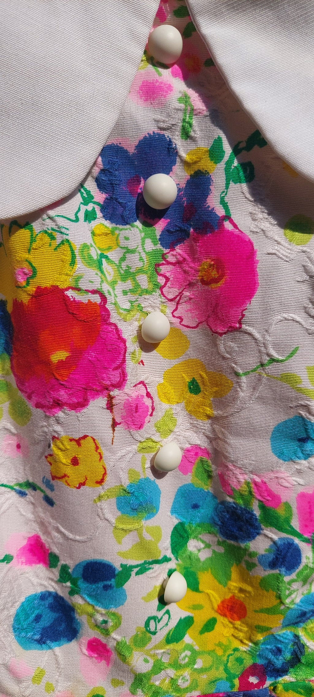 1960s Dayglo Brocade Barkcloth Flower Power Puff Sleeve Floral Maxi Dress Gown