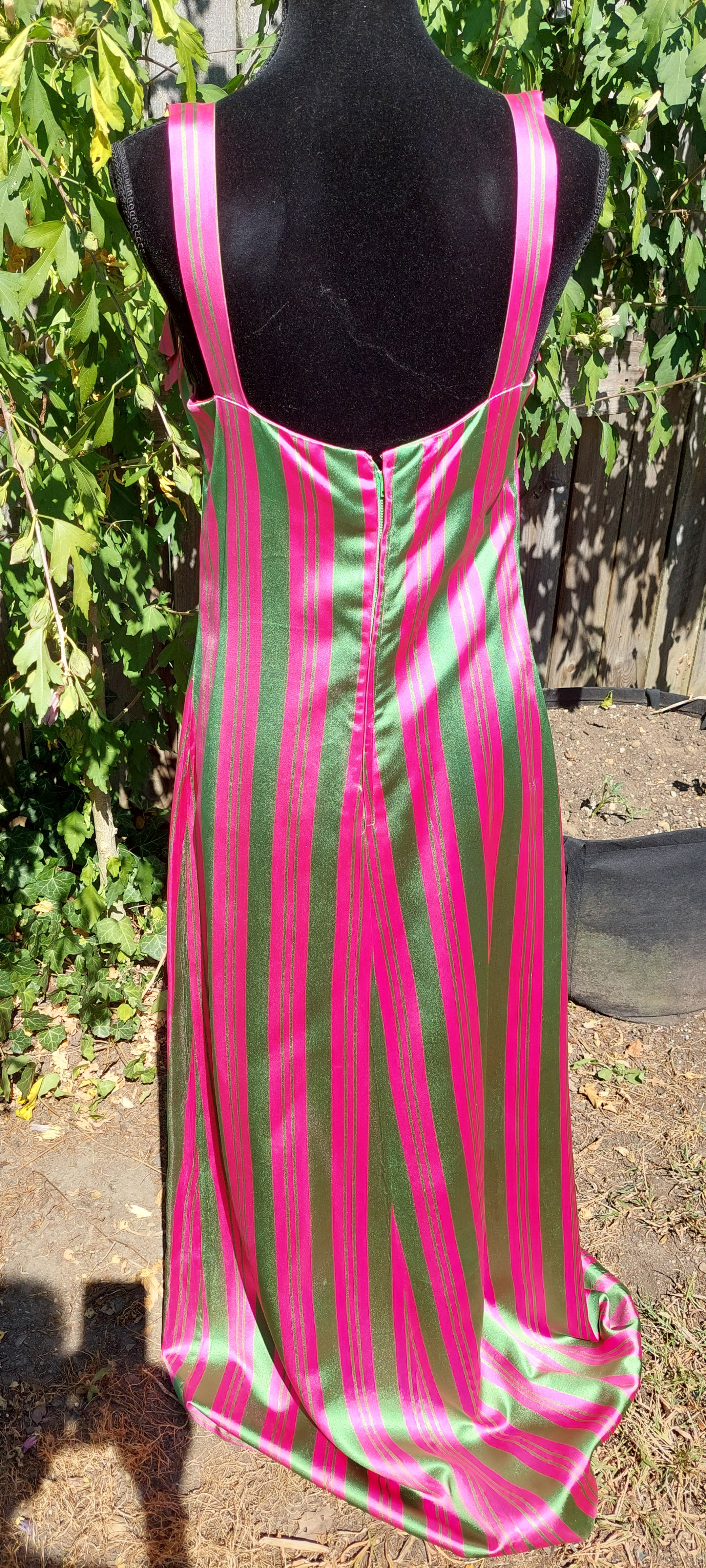 1960s Rappi Satin Watermelon Striped 2-Piece Sleeveless Maxi Gown & Coat