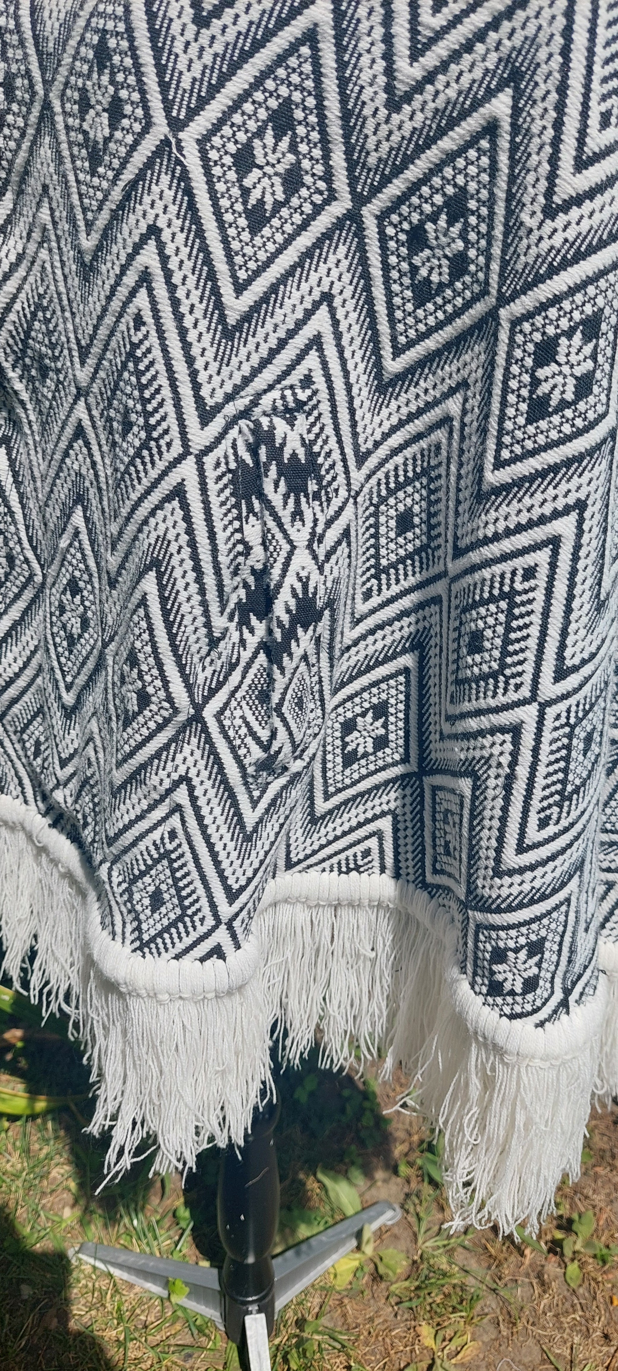 1970s Guatemalan Cotton Poncho: Black & White Boho Woven Bamboo