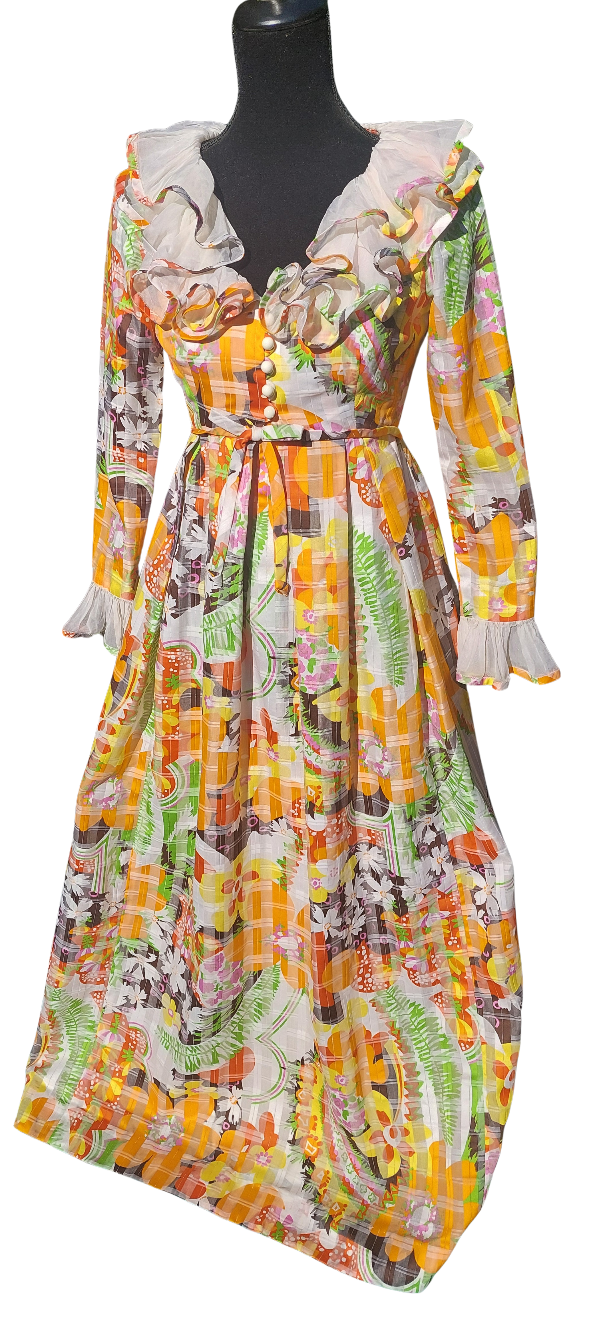 Vintage 1960s Psychedelic Flower Power Helen Rose Ruffled Bright Floral Couture