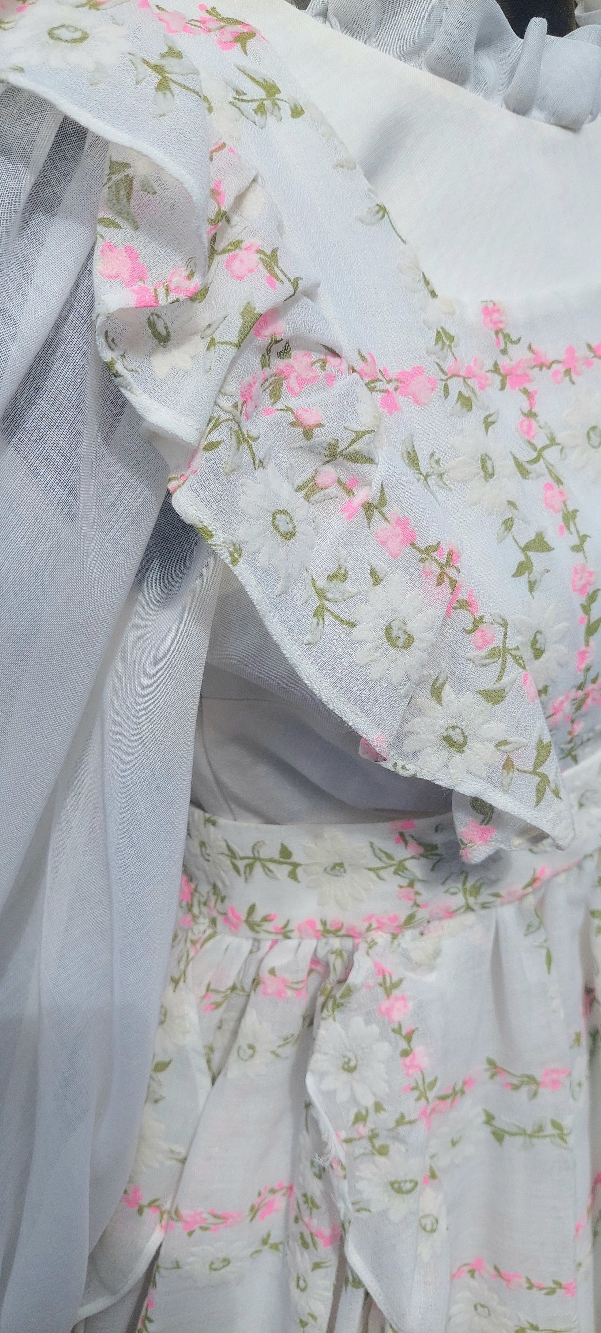 1970s Emma Domb Prairie Dress  2-Piece Boho Maxi Gown with Ruffled Pinafore