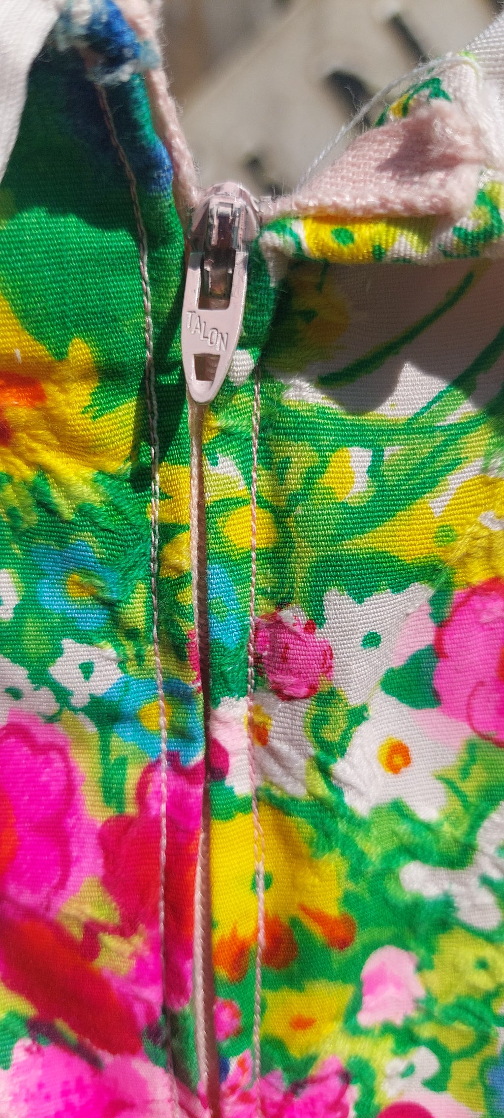 1960s Dayglo Brocade Barkcloth Flower Power Puff Sleeve Floral Maxi Dress Gown