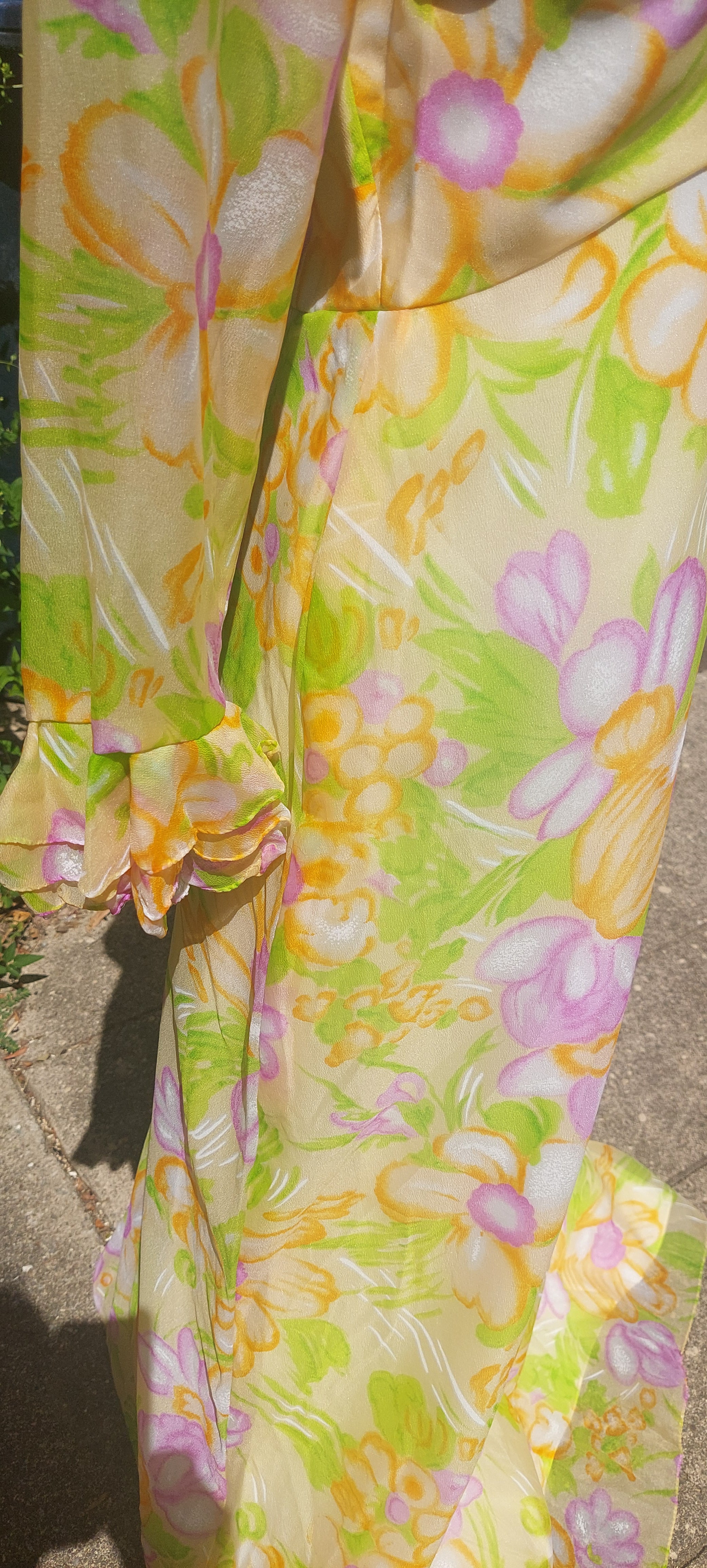 1960s Nylon Custom Made Ruffled Flower Power Floral Lined Maxi Dress