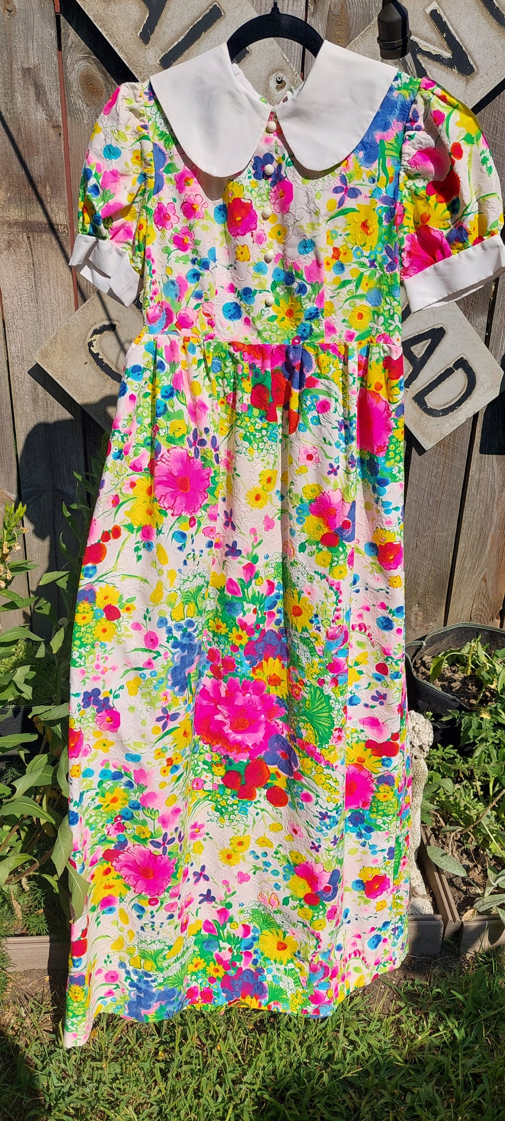 1960s Dayglo Brocade Barkcloth Flower Power Puff Sleeve Floral Maxi Dress Gown