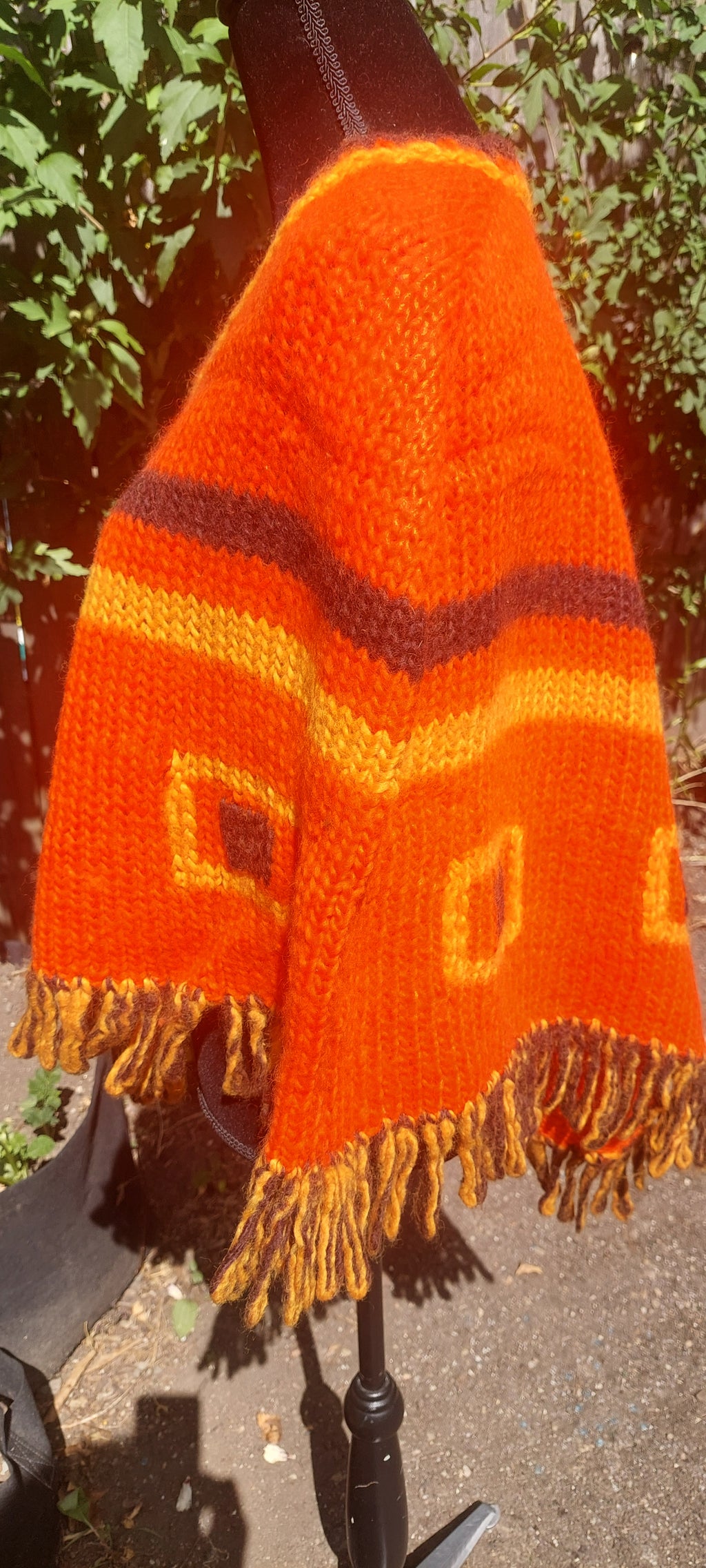 Vintage 1960s Wool Made in Italy Orange Fringed Poncho Cape Boho Outerwear