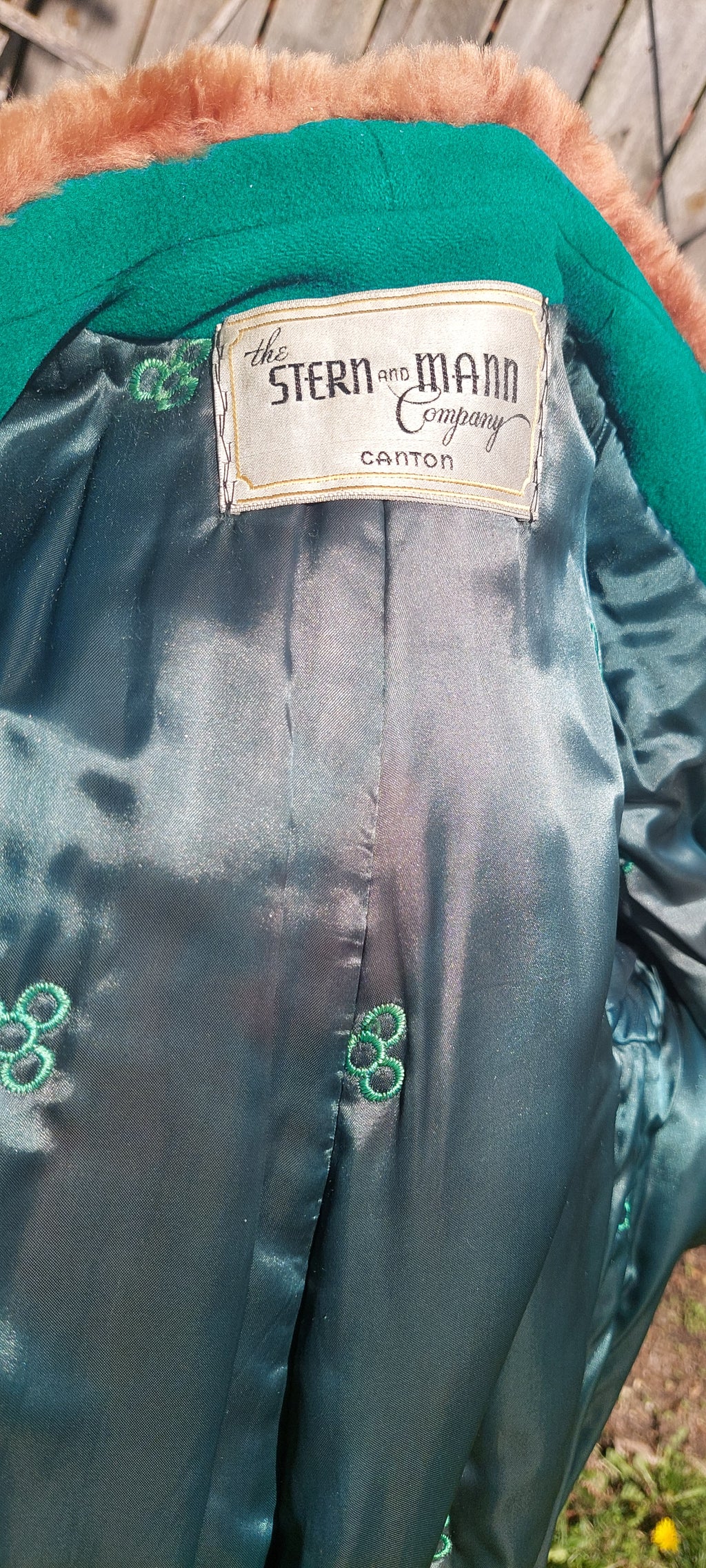 Vintage Mid-Century Emerald Green Wool Swing Coat with Brown Faux Fur Collar