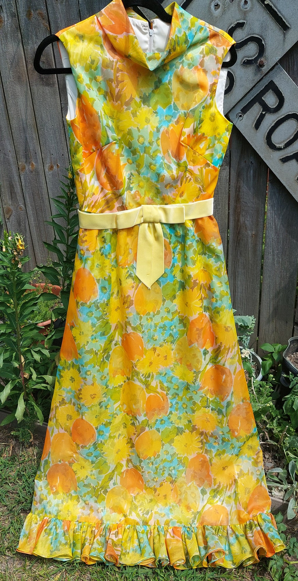 1960s Double Chiffon Custom Made Flower Power Maxi Dress Gown