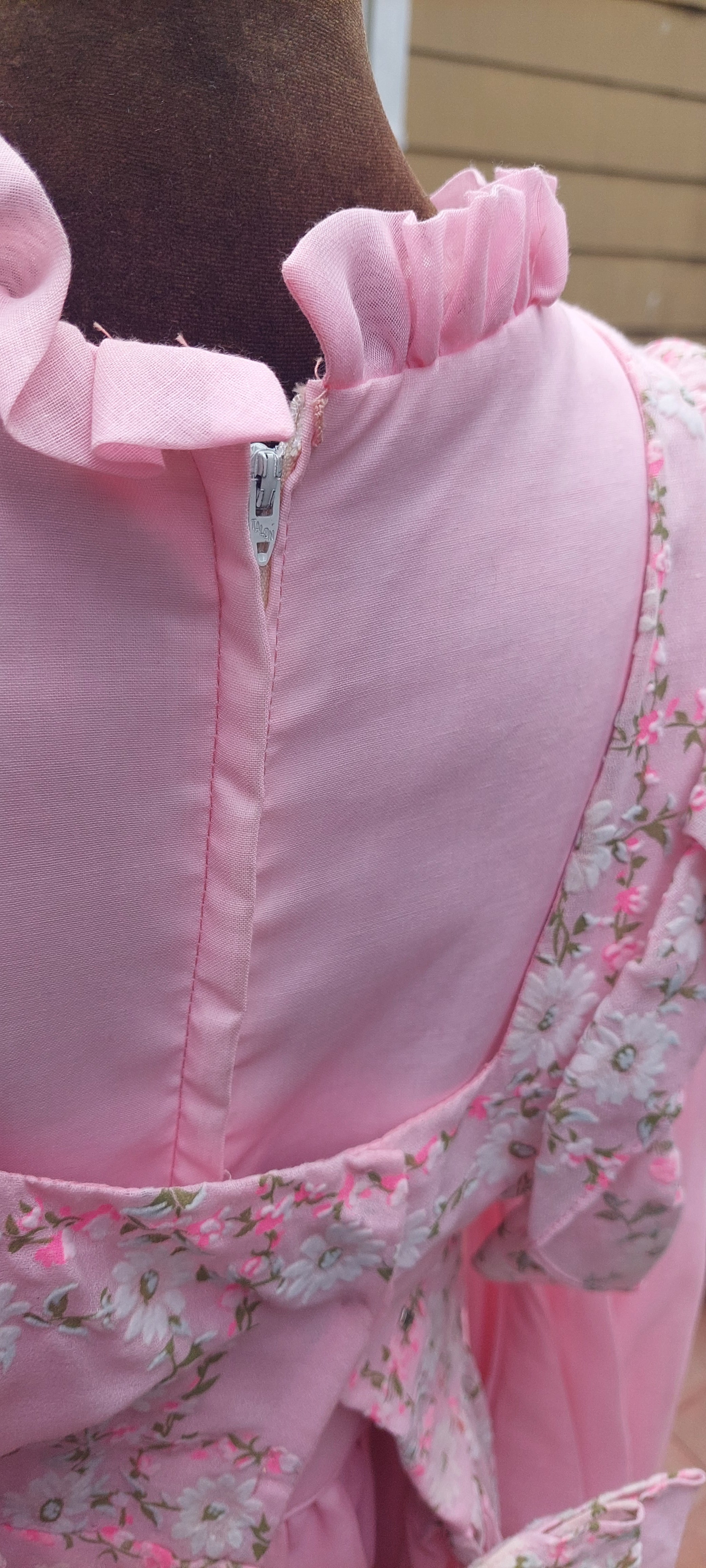 1970s Emma Domb Prairie Dress:2-Piece Pink Boho Maxi Gown with Ruffled Pinafore