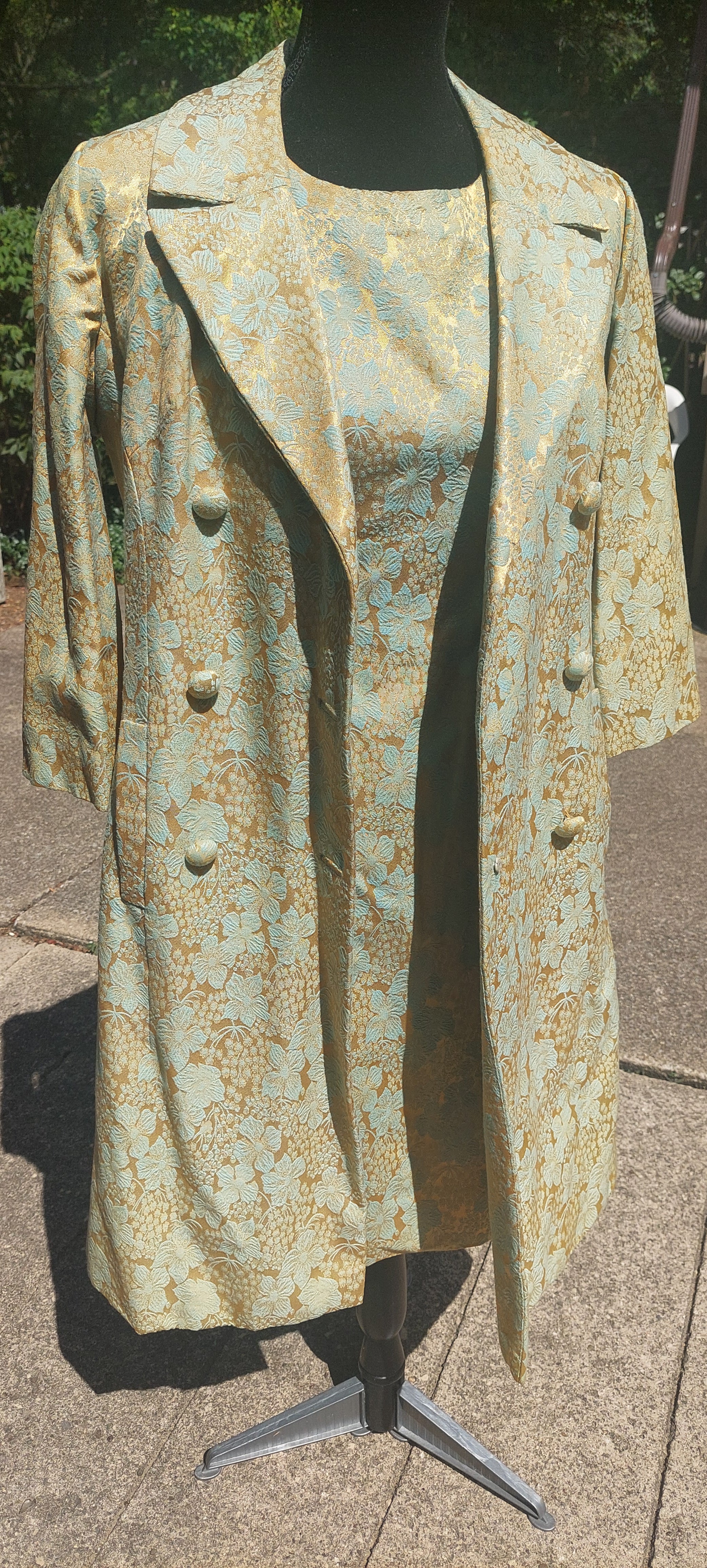1960s Leslie Fay Turquoise & Gold Brocade Shift Dress and Jacket Set