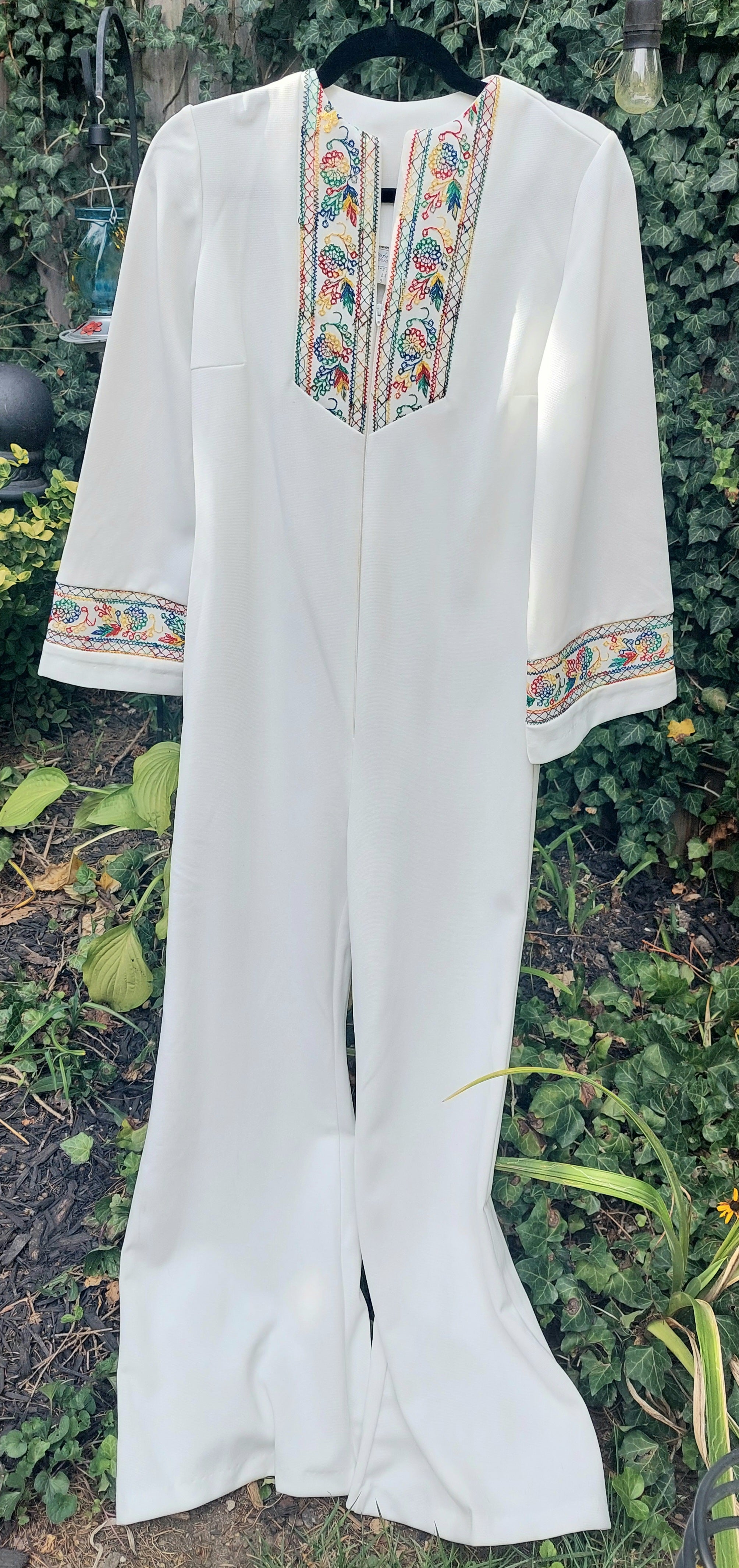 Vintage 1970s Colorful Embroidered Polyester Bellbottom Bell Sleeved Jumpsuit