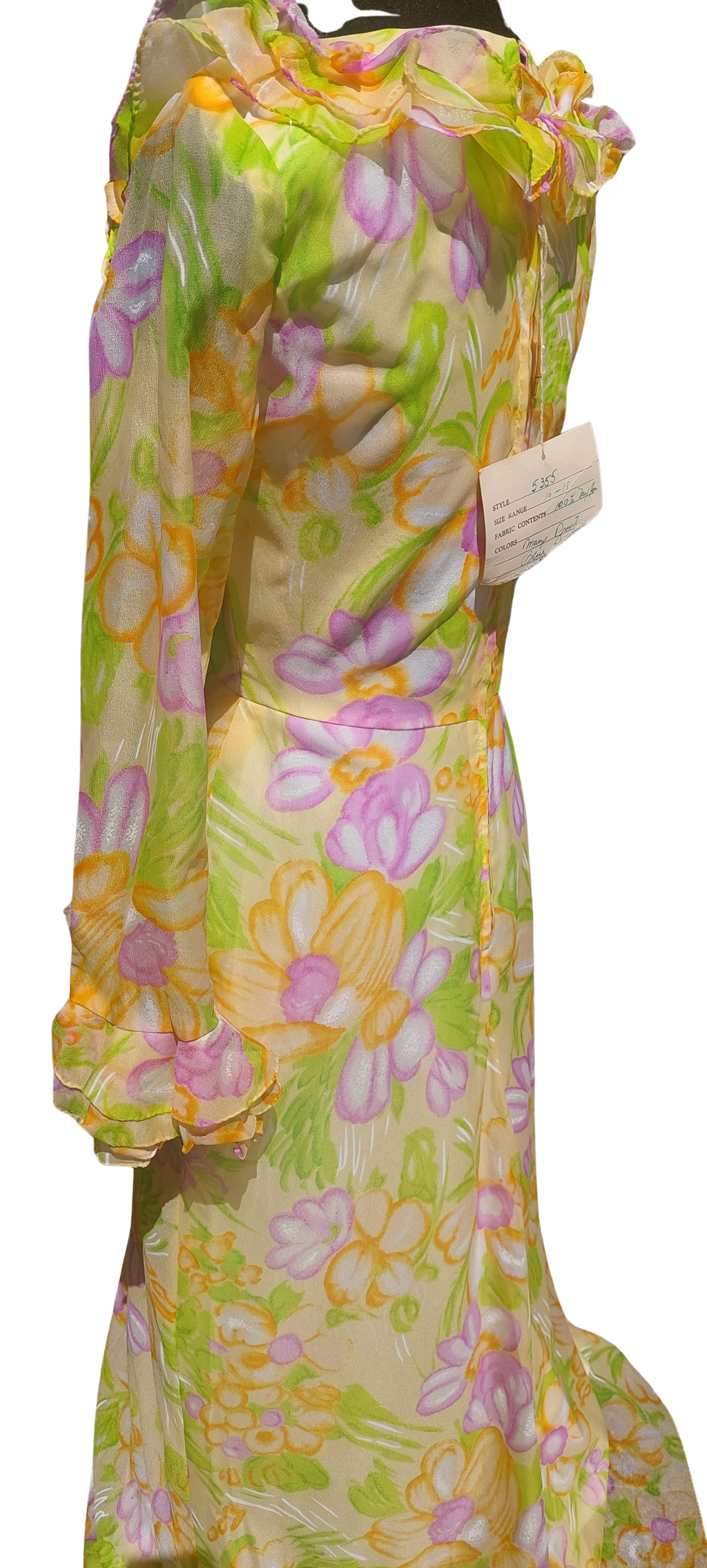 1960s Nylon Custom Made Ruffled Flower Power Floral Lined Maxi Dress