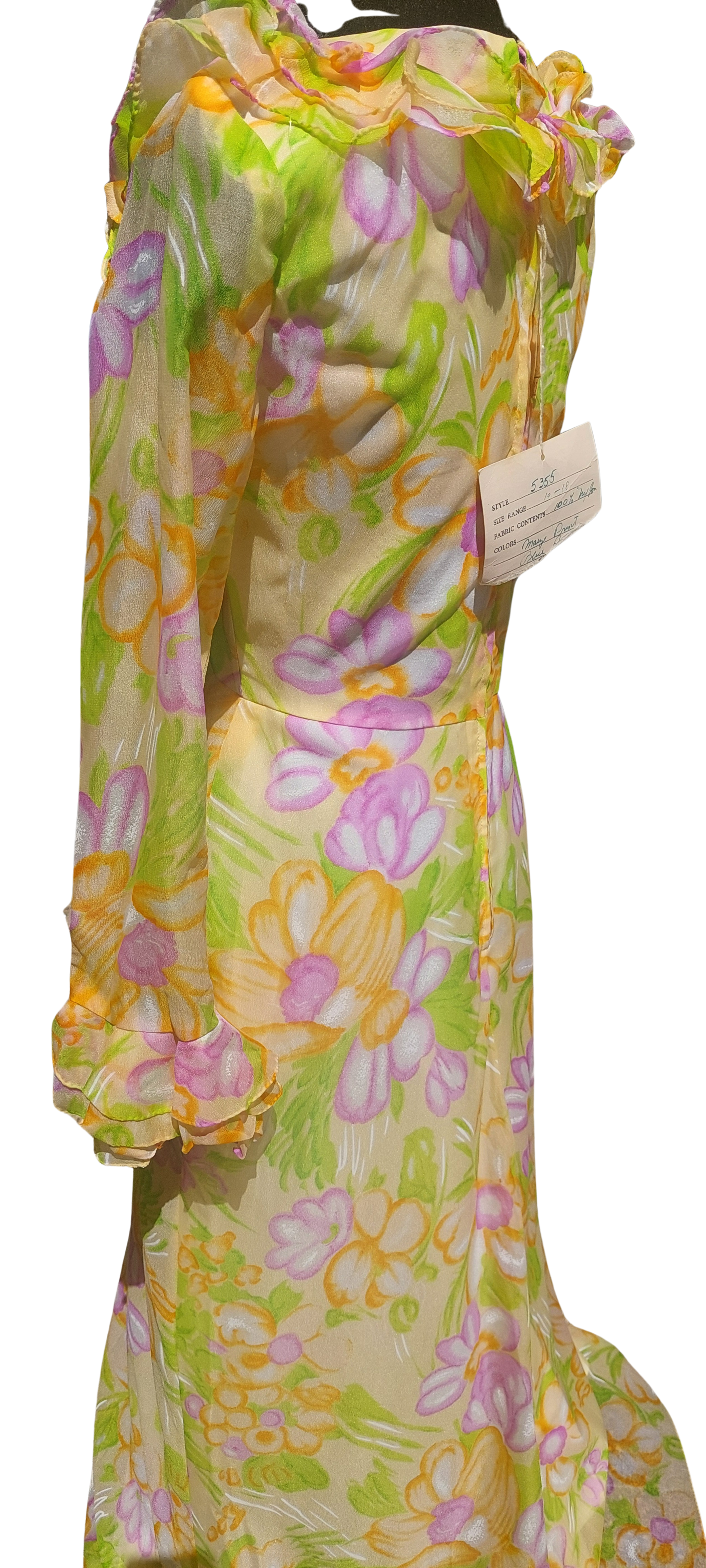 1960s Nylon Custom Made Ruffled Flower Power Floral Lined Maxi Dress