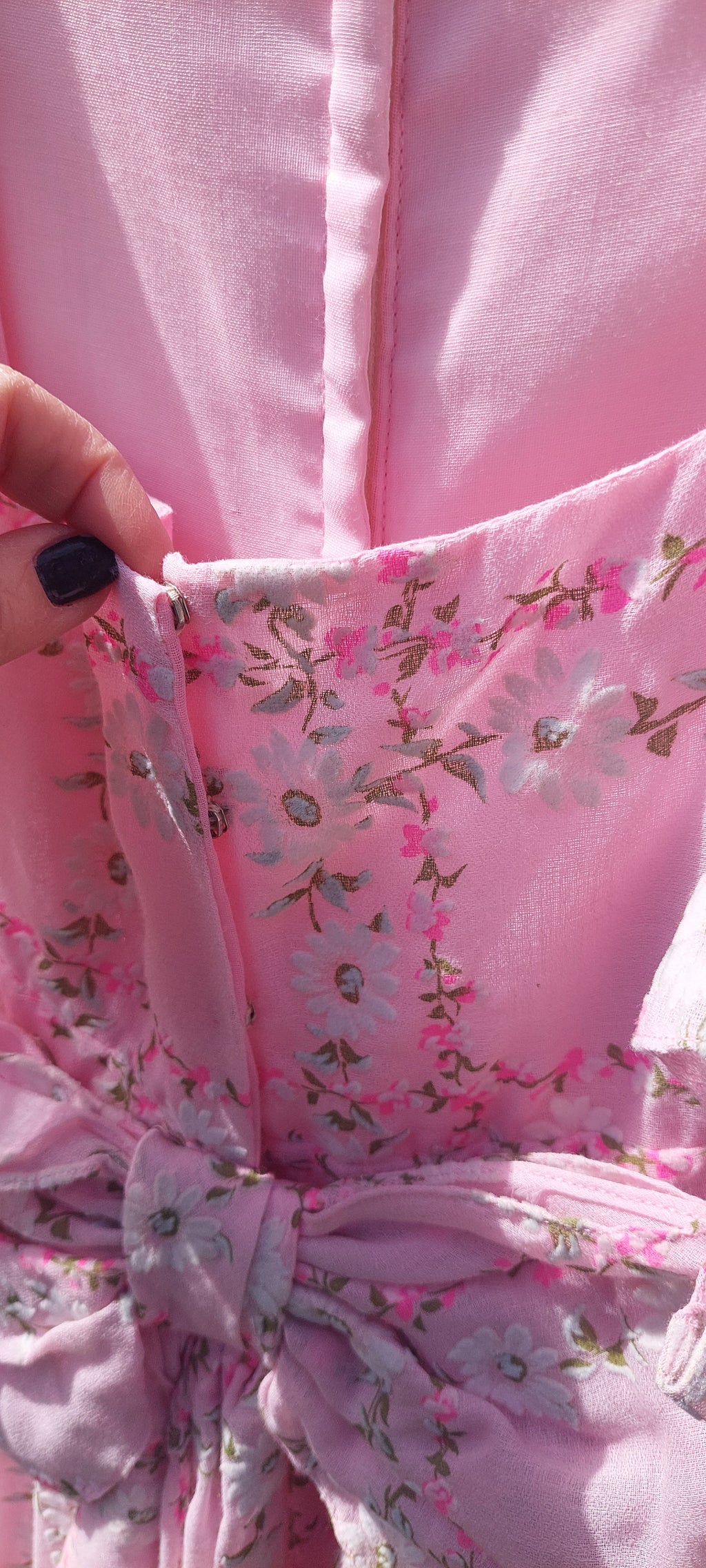 1970s Emma Domb Prairie Dress:2-Piece Pink Boho Maxi Gown with Ruffled Pinafore