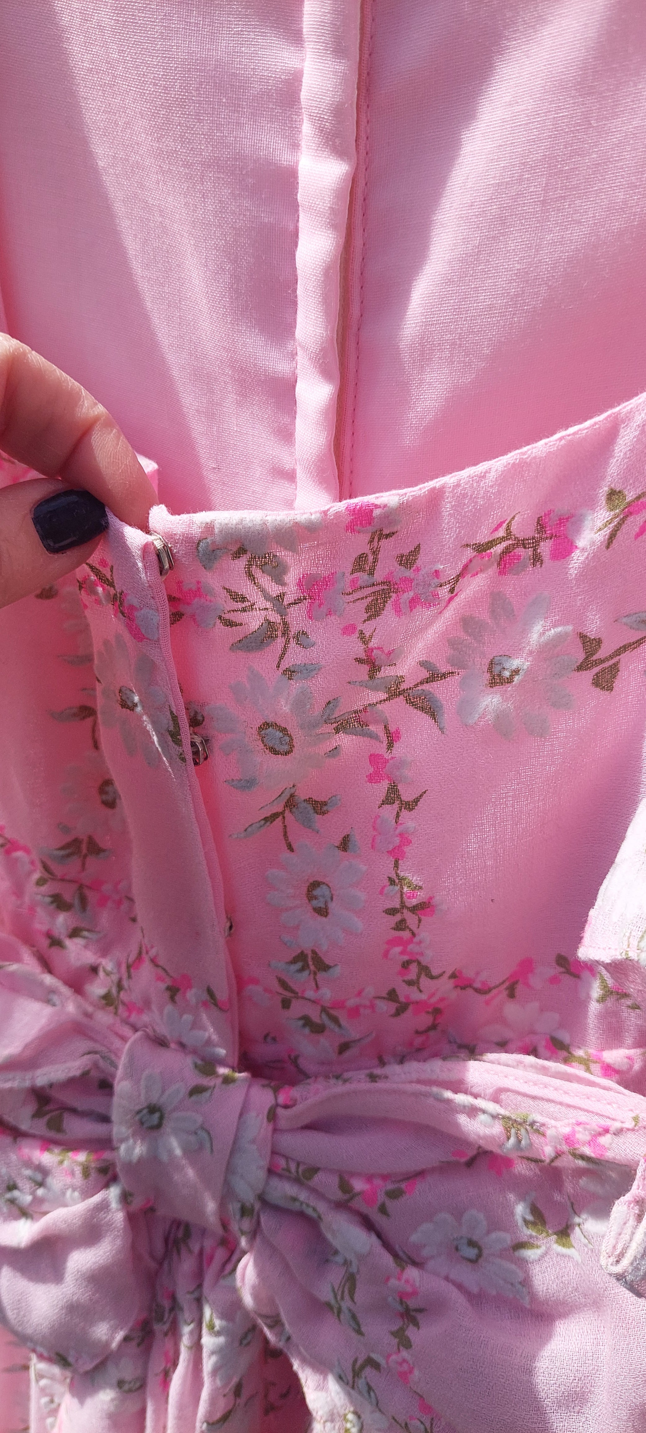 1970s Emma Domb Prairie Dress:2-Piece Pink Boho Maxi Gown with Ruffled Pinafore