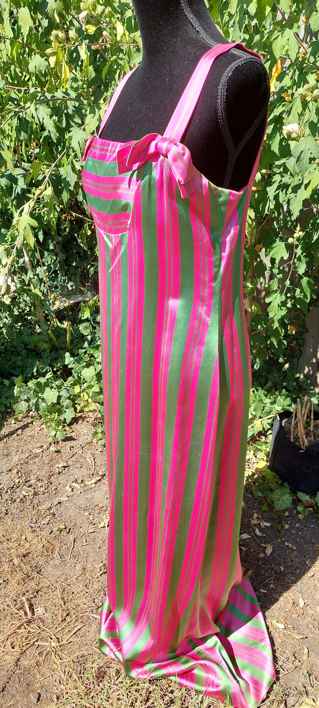 1960s Rappi Satin Watermelon Striped 2-Piece Sleeveless Maxi Gown & Coat