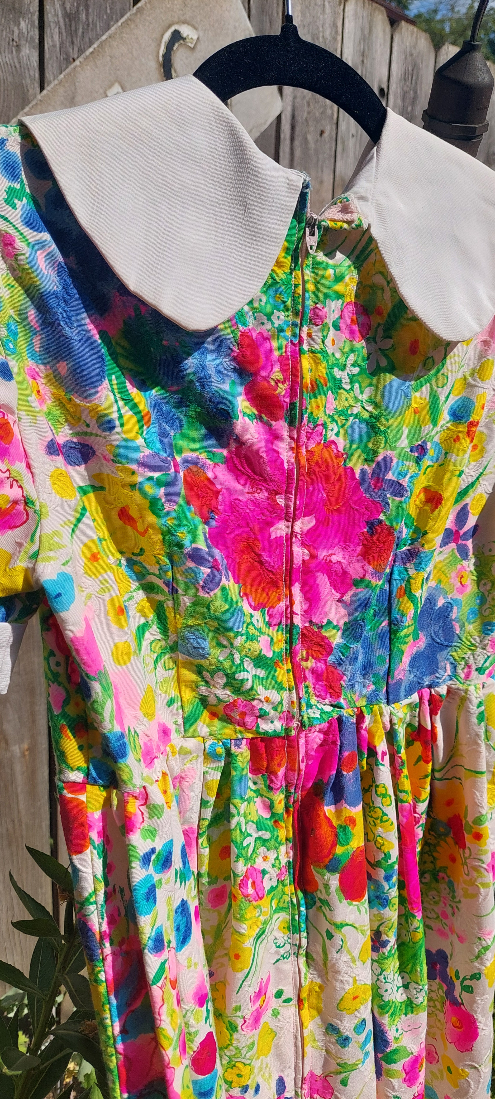 1960s Dayglo Brocade Barkcloth Flower Power Puff Sleeve Floral Maxi Dress Gown