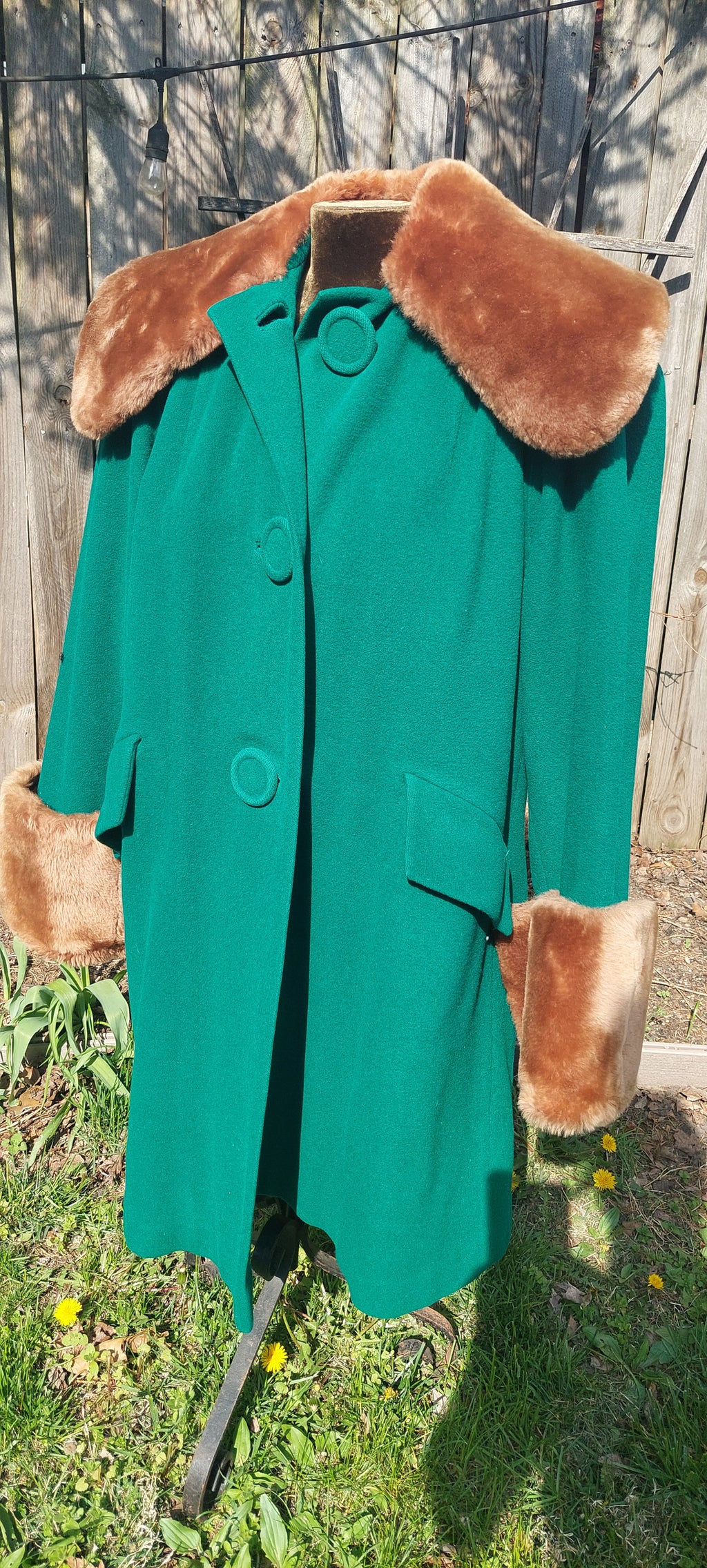 Vintage Mid-Century Emerald Green Wool Swing Coat with Brown Faux Fur Collar