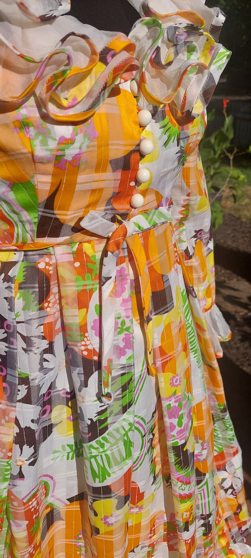 Vintage 1960s Psychedelic Flower Power Helen Rose Ruffled Bright Floral Couture