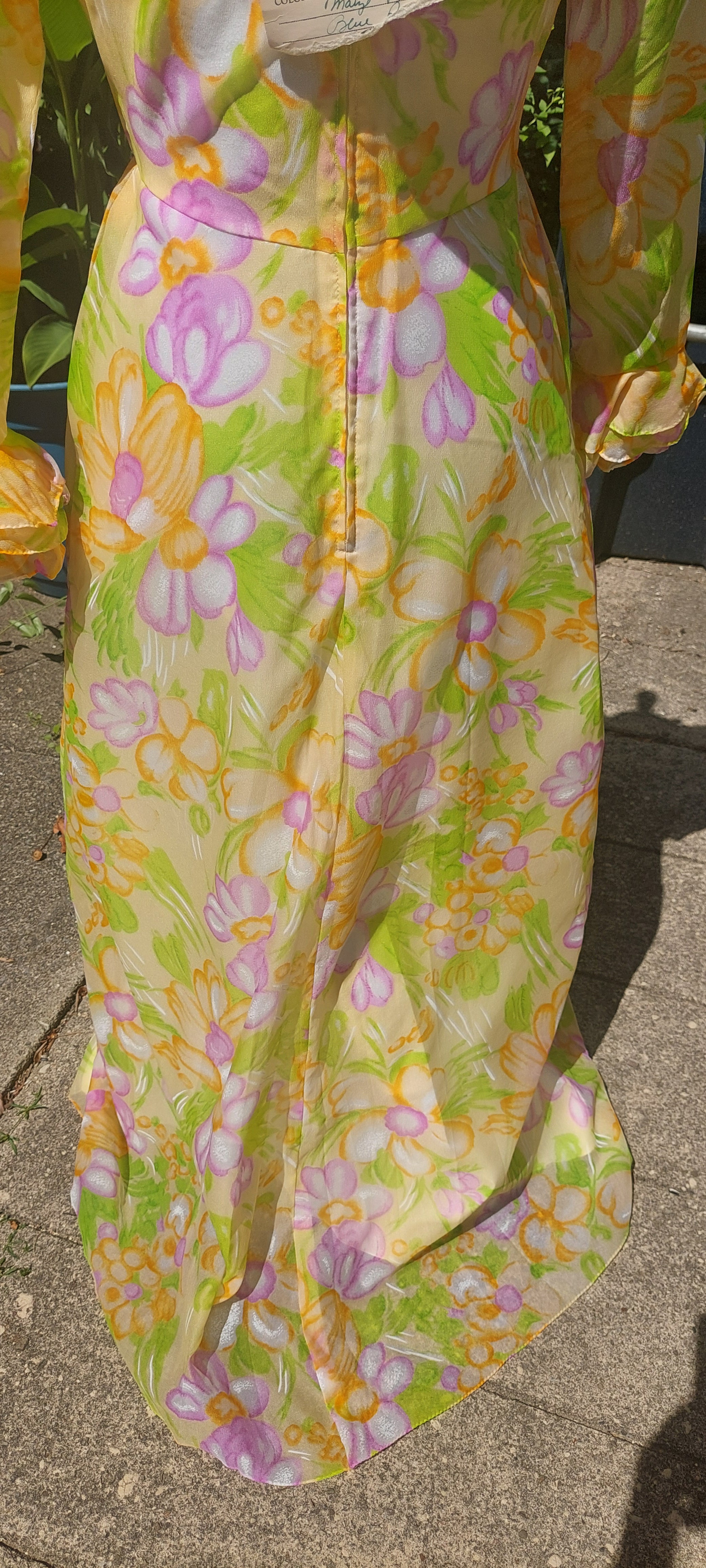 1960s Nylon Custom Made Ruffled Flower Power Floral Lined Maxi Dress