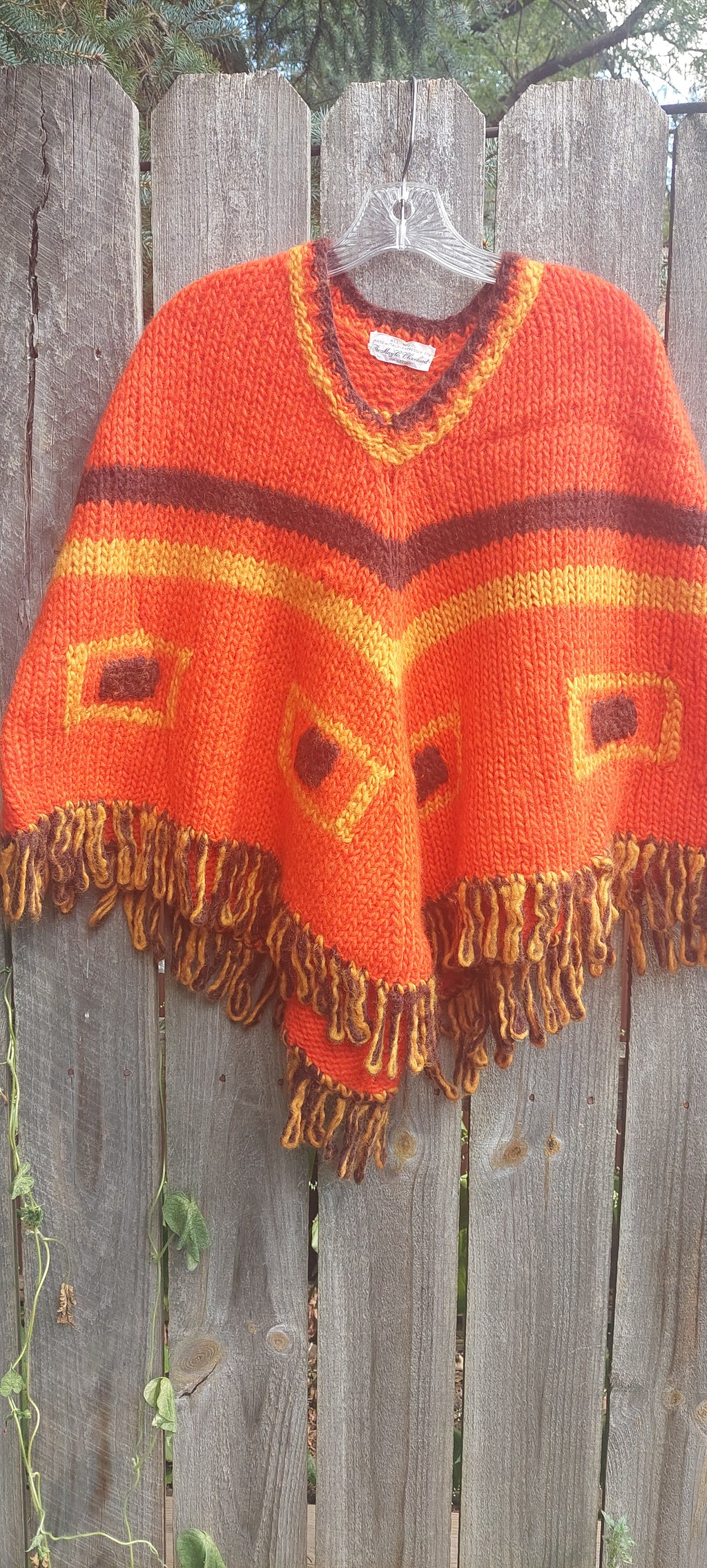 Vintage 1960s Wool Made in Italy Orange Fringed Poncho Cape Boho Outerwear
