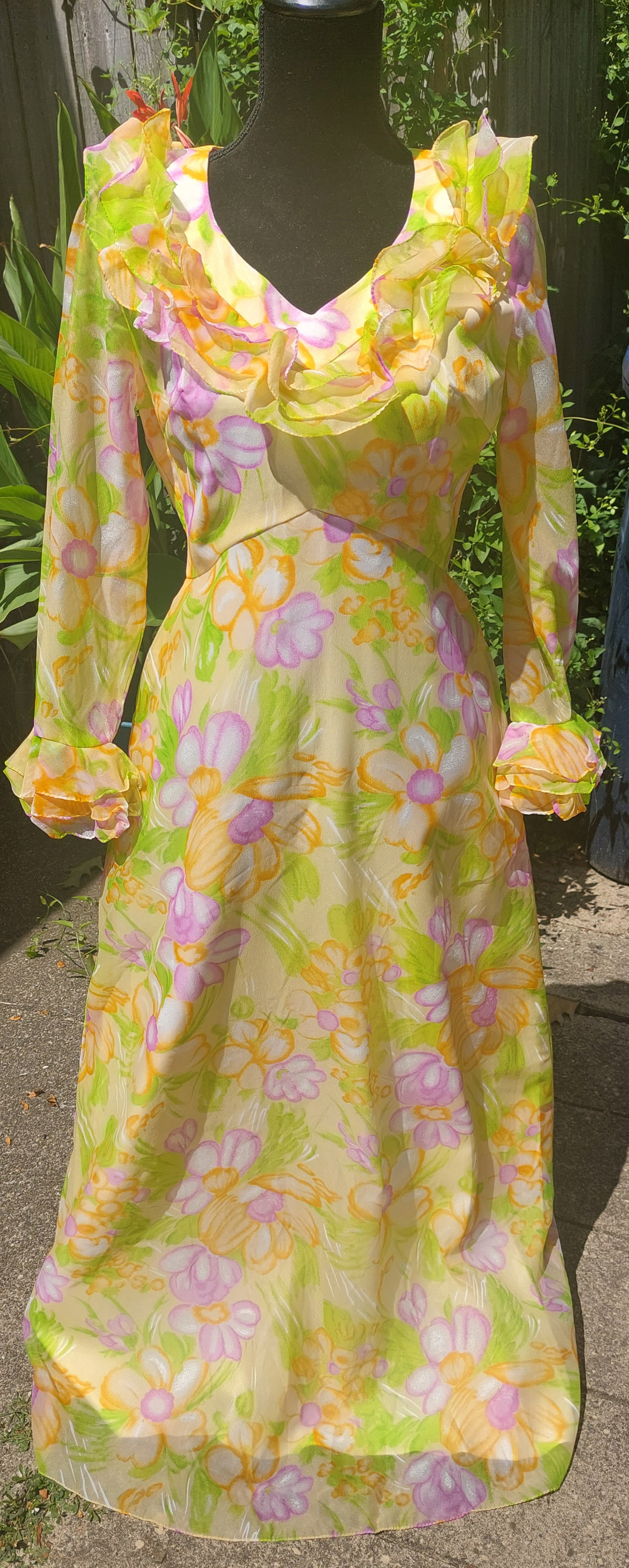 1960s Nylon Custom Made Ruffled Flower Power Floral Lined Maxi Dress