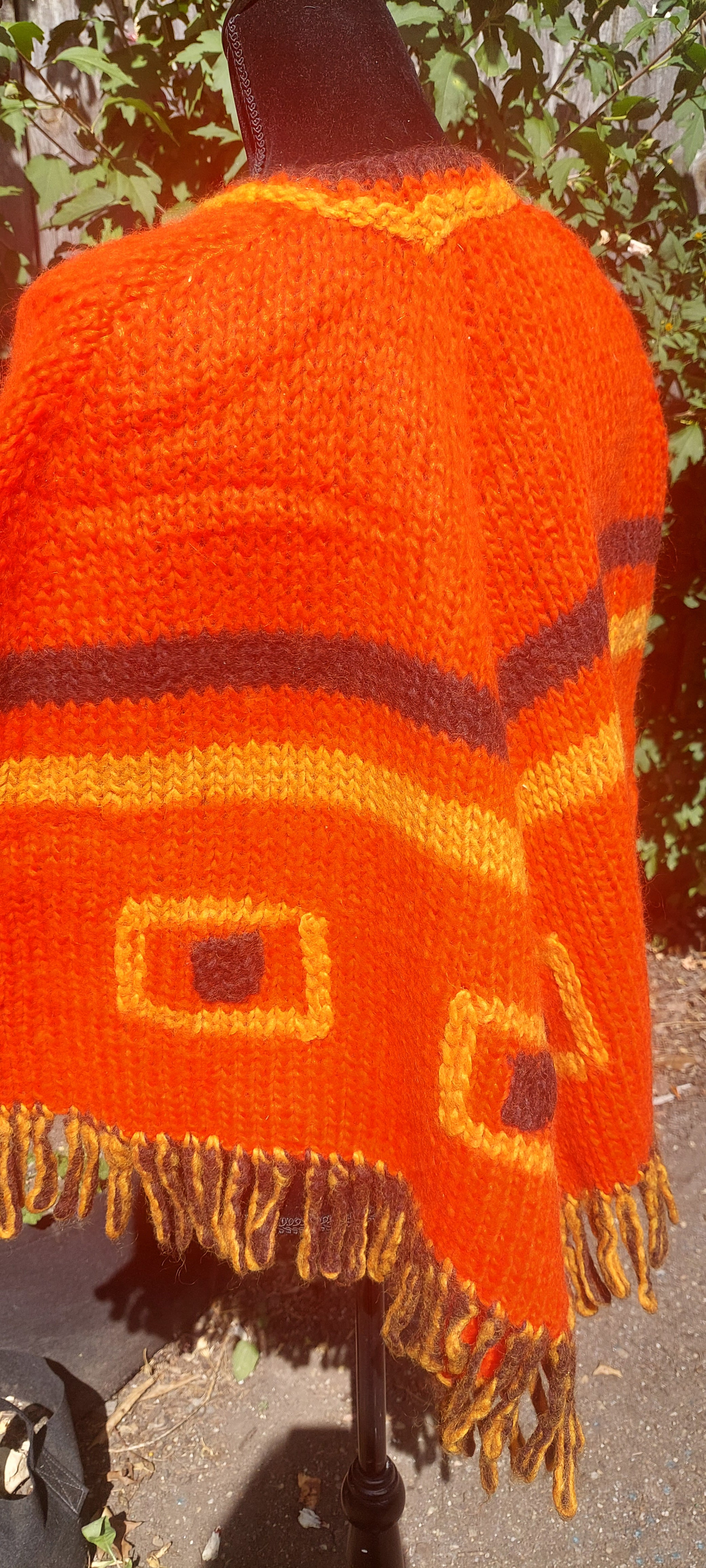 Vintage 1960s Wool Made in Italy Orange Fringed Poncho Cape Boho Outerwear