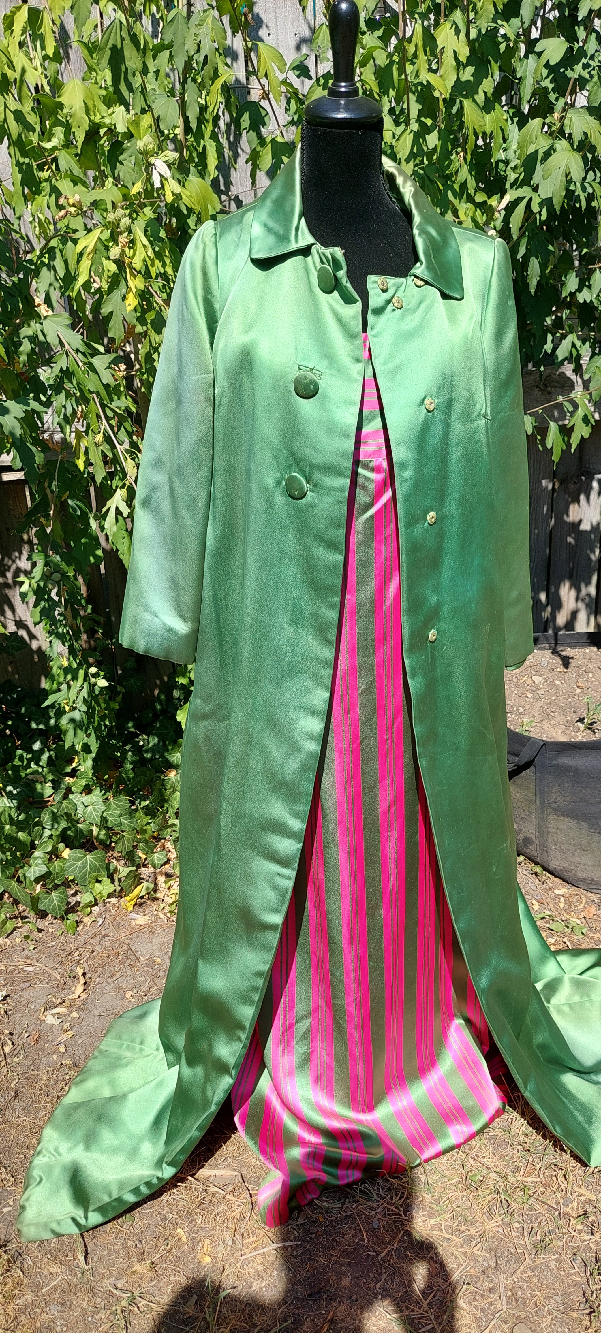 1960s Rappi Satin Watermelon Striped 2-Piece Sleeveless Maxi Gown & Coat