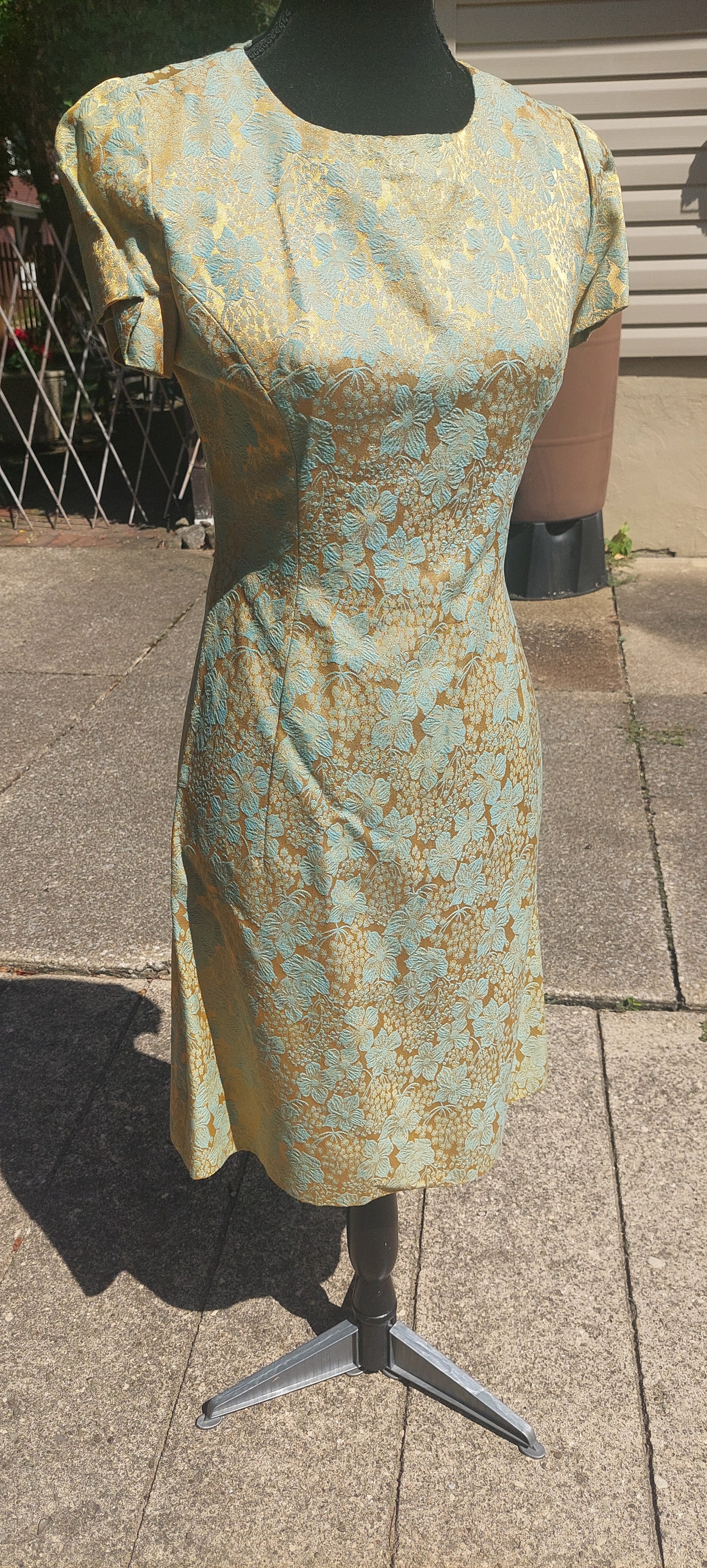 1960s Leslie Fay Turquoise & Gold Brocade Shift Dress and Jacket Set