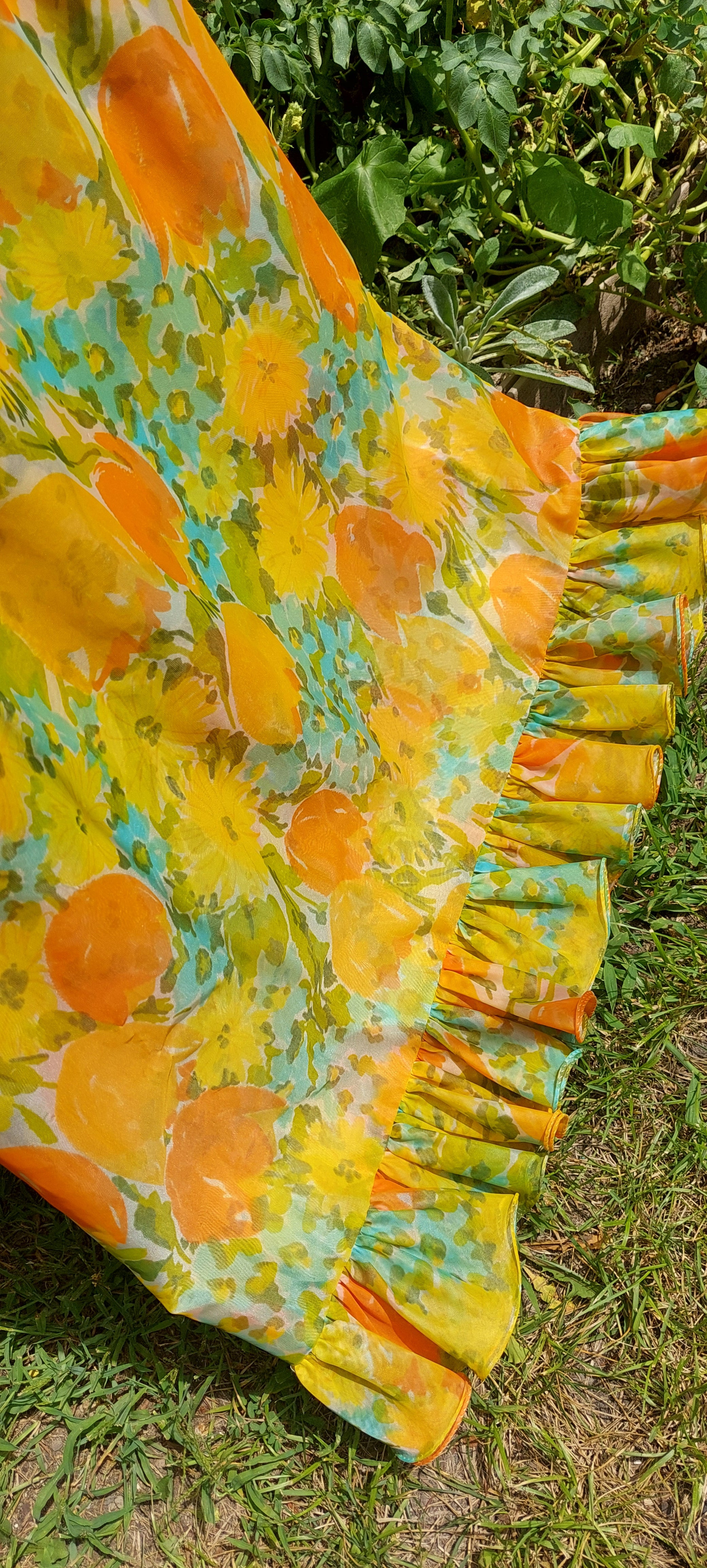 1960s Double Chiffon Custom Made Flower Power Maxi Dress Gown