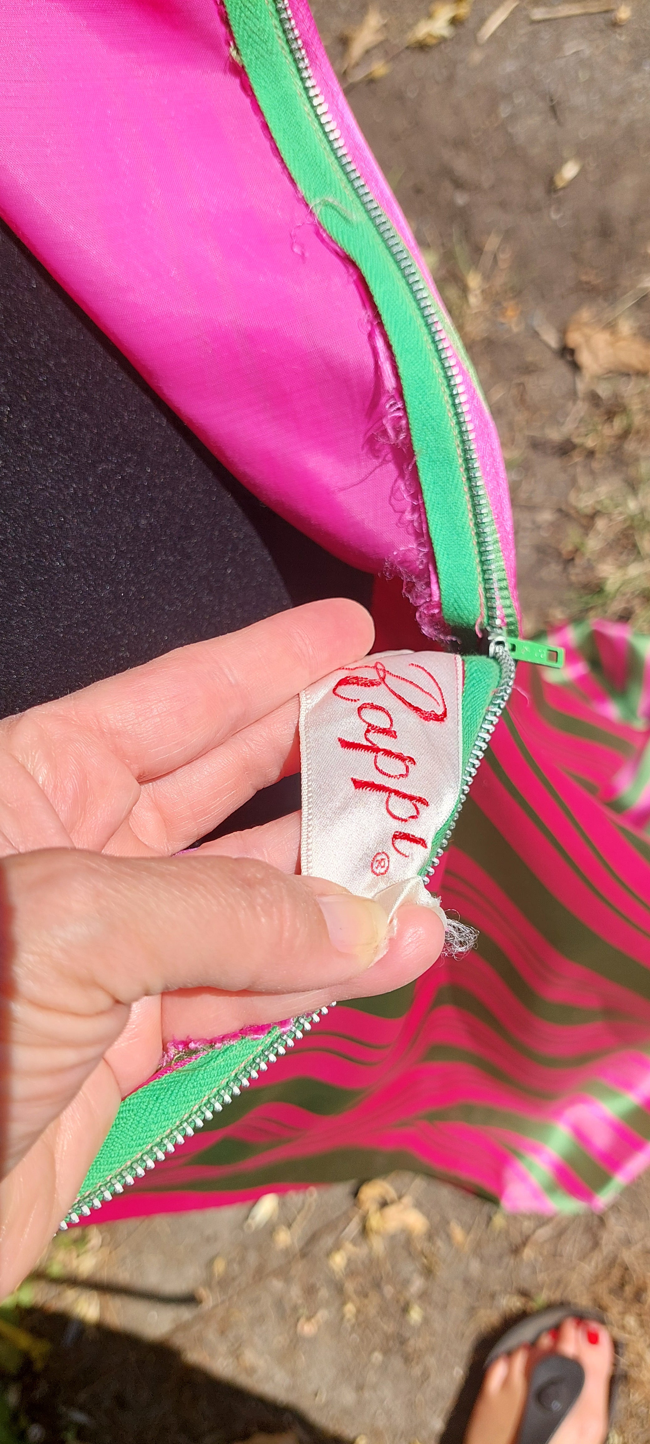 1960s Rappi Satin Watermelon Striped 2-Piece Sleeveless Maxi Gown & Coat