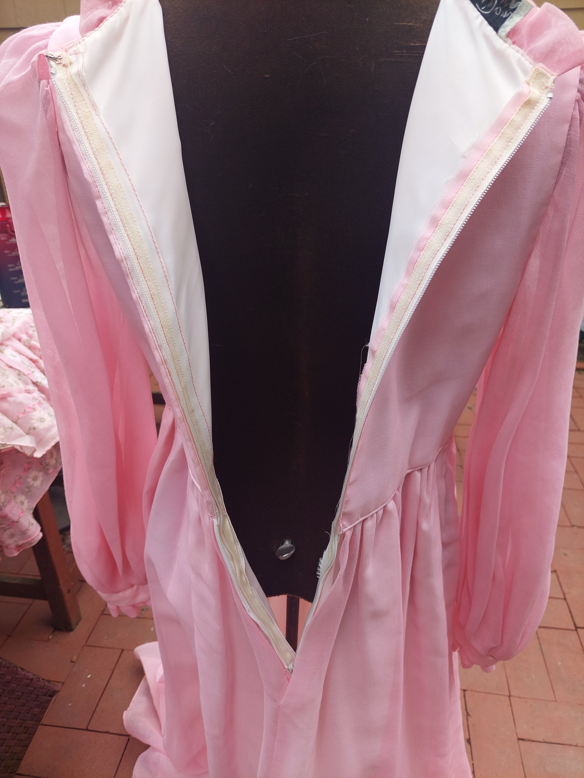 1970s Emma Domb Prairie Dress:2-Piece Pink Boho Maxi Gown with Ruffled Pinafore