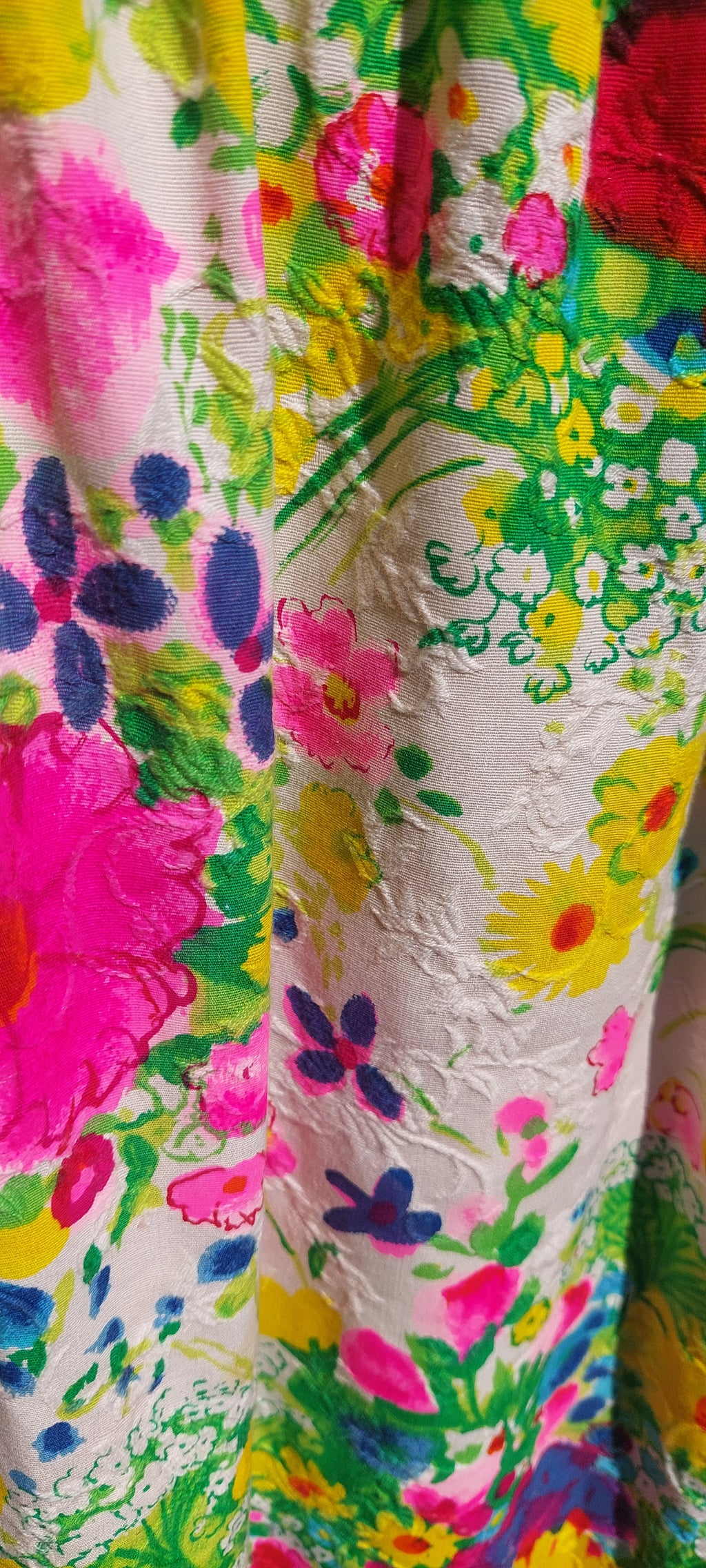1960s Dayglo Brocade Barkcloth Flower Power Puff Sleeve Floral Maxi Dress Gown