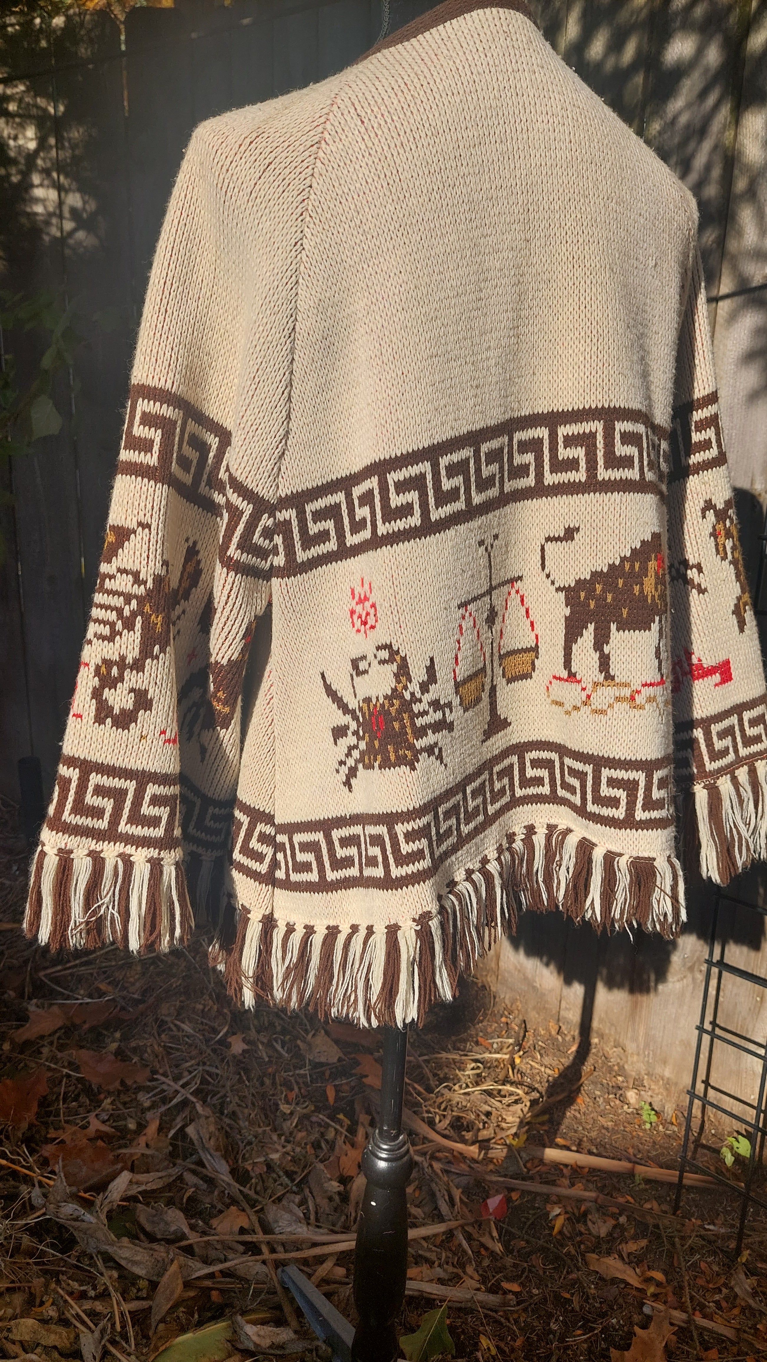 1970s Carol Brent Zodiac Astrology Montgomery Ward Acrylic Knit Fringe Cape Boho Poncho Sweater