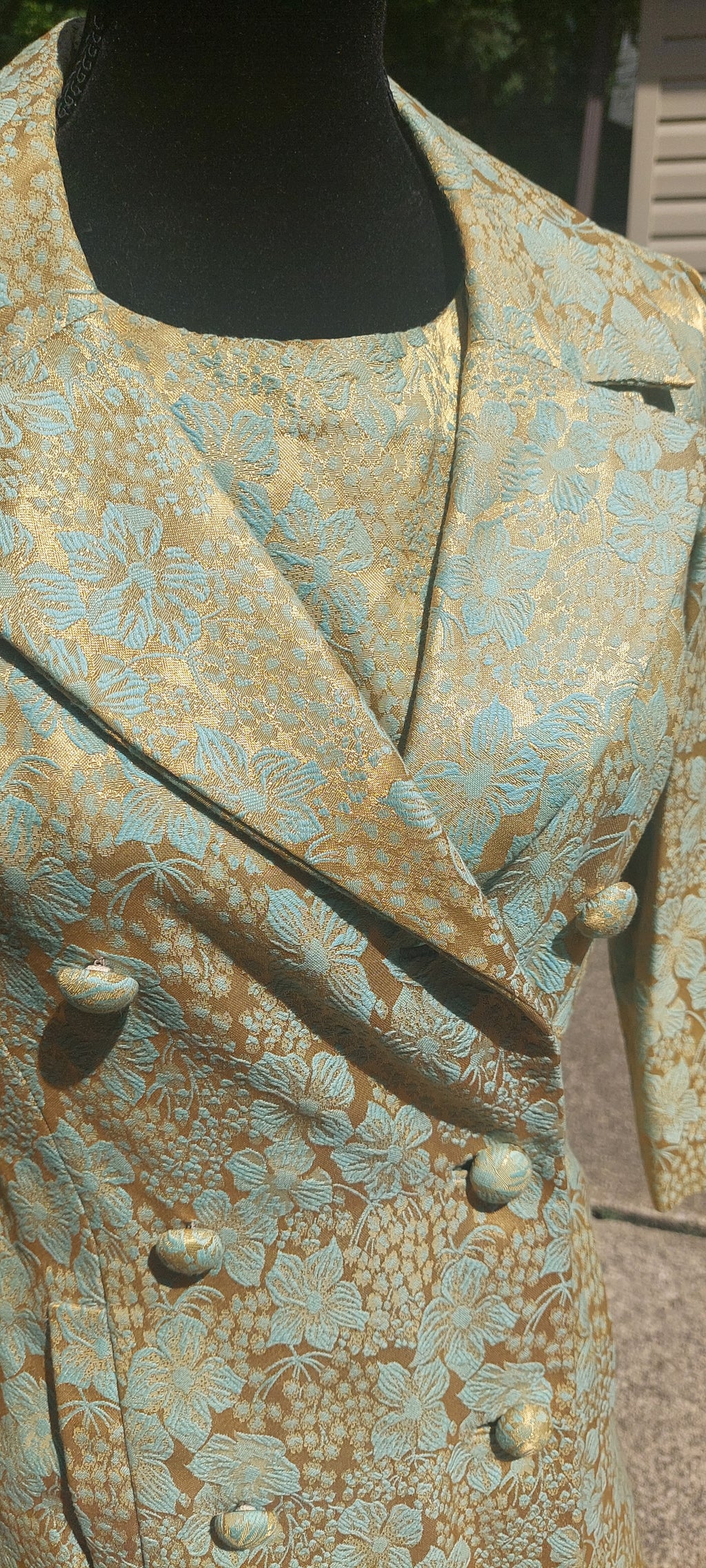 1960s Leslie Fay Turquoise & Gold Brocade Shift Dress and Jacket Set